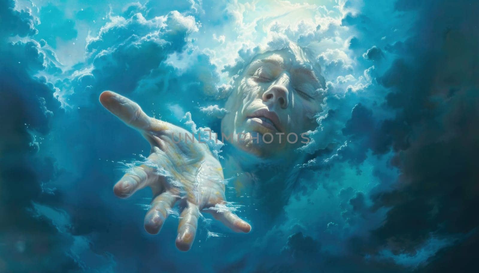 Man floating in the clouds reaching for the sky a surreal artistic representation of freedom and exploration