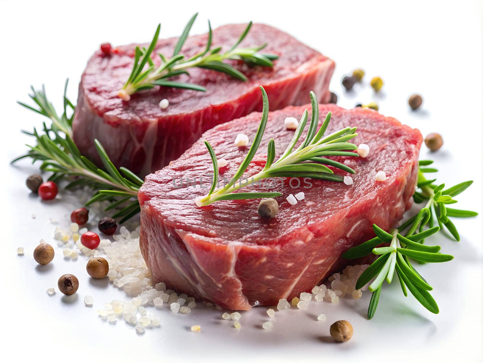 Fresh Raw Beef steak Mignon, with sea salt, peppercorns, rosemary on white background. Ai generated by alenamoore