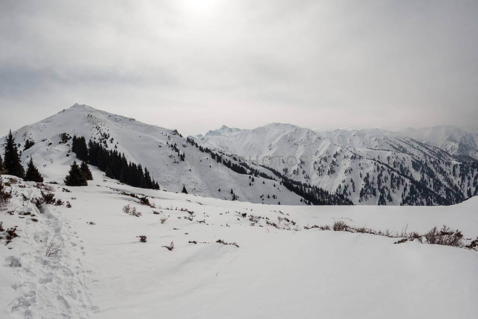 Hiking trail on a high-mountain winter plateau to Bukreev Peak in the Almaty Mountains in winter, view of Bukreev Peak.
