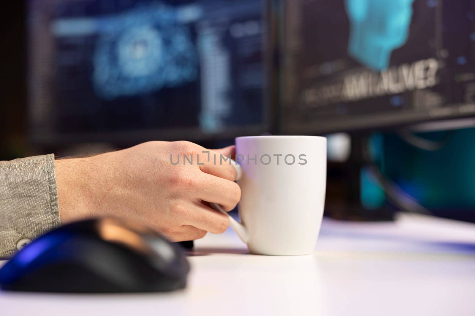 Man at home enjoying hot beverage, witnessing AI becoming sentient, asking questions about itself. Close up of man holding coffee mug, talking with artificial intelligence becoming self aware