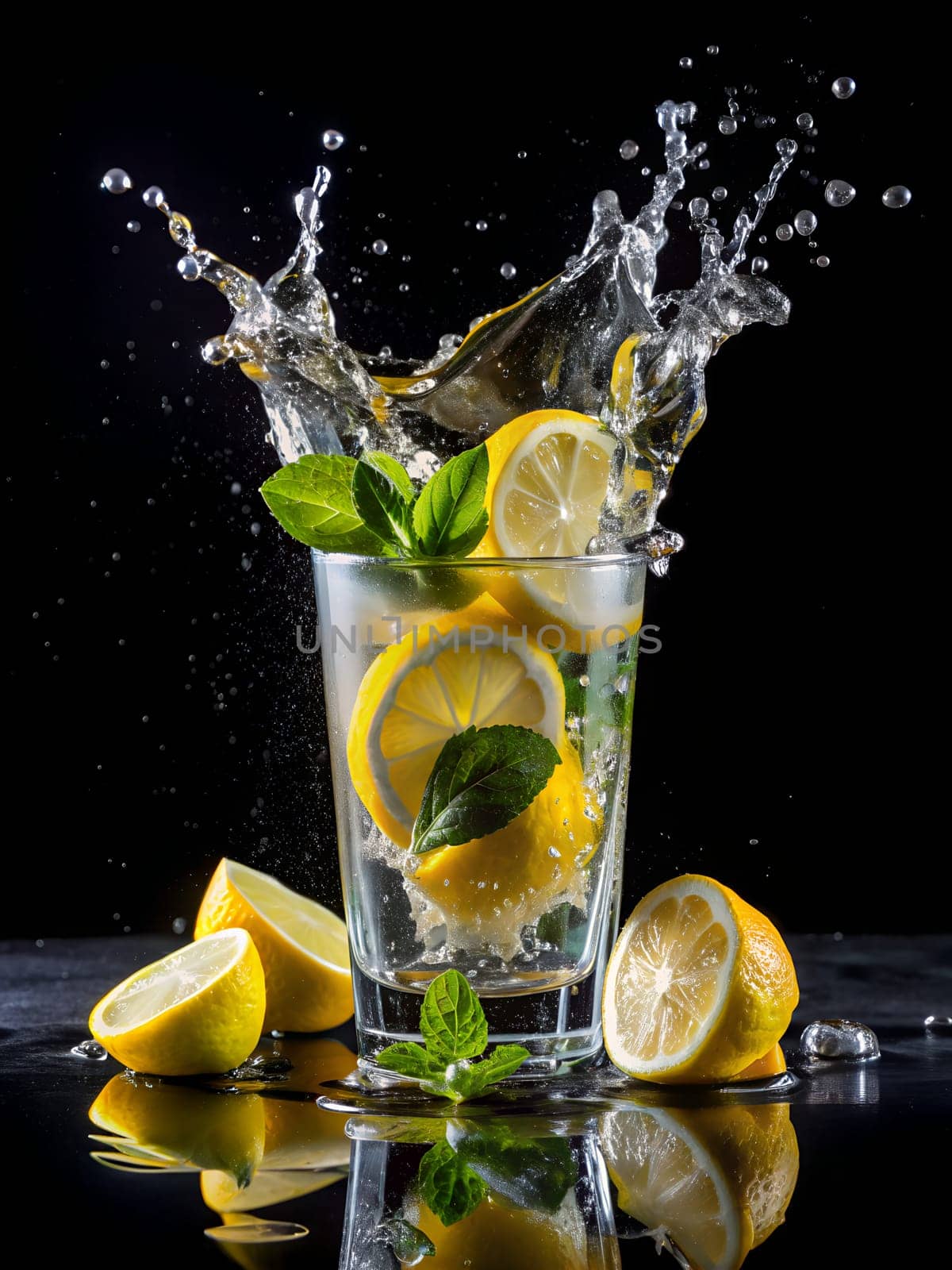 Glass of lemonade with slices of lemon and mint on black background. Lemonade splash. Ai generated by alenamoore