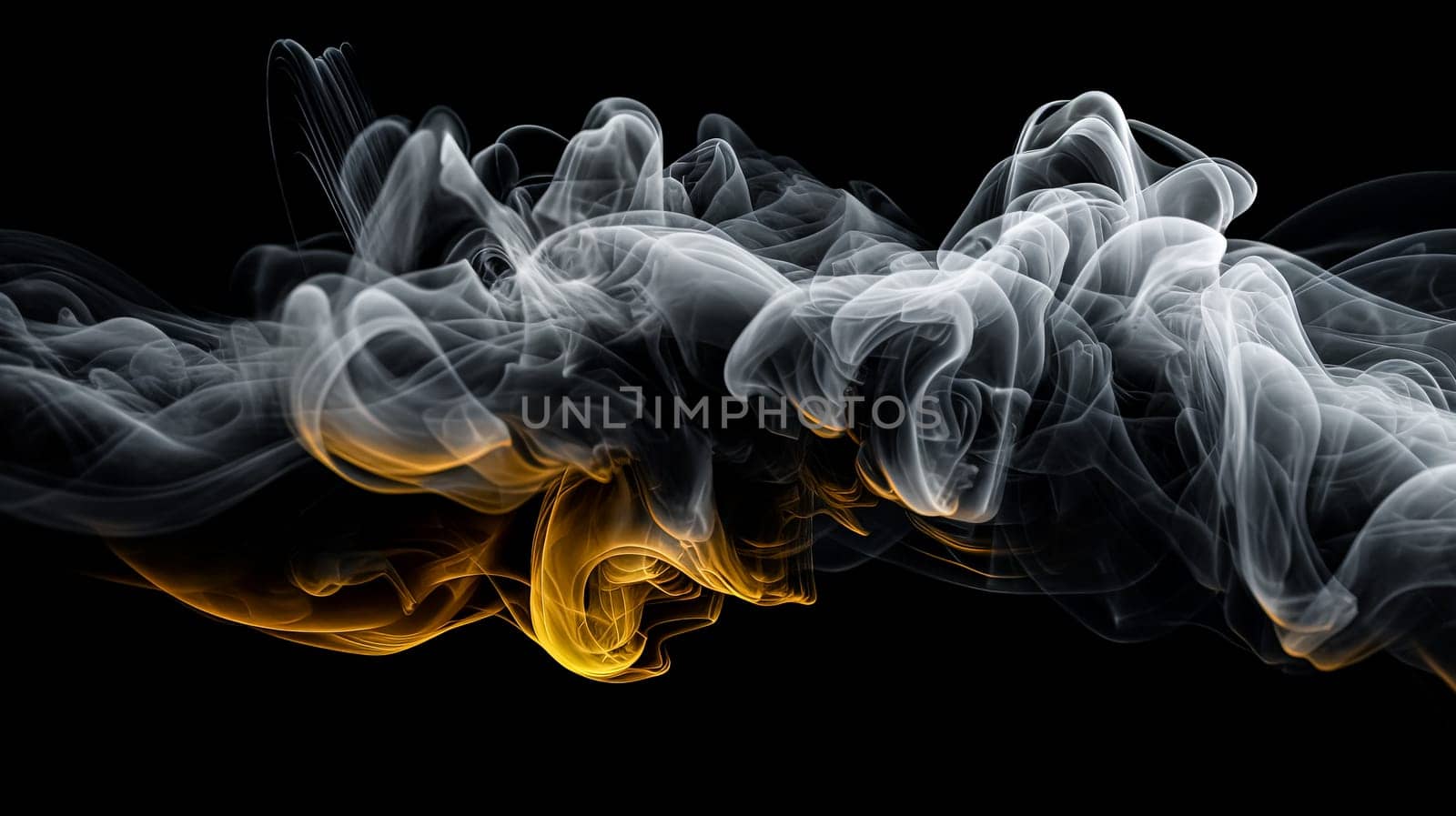 A colorful cloud of smoke with a blue, orange, and purple streak. The smoke is thick and billowing, creating a sense of movement and energy. The colors of the smoke contrast with the dark background