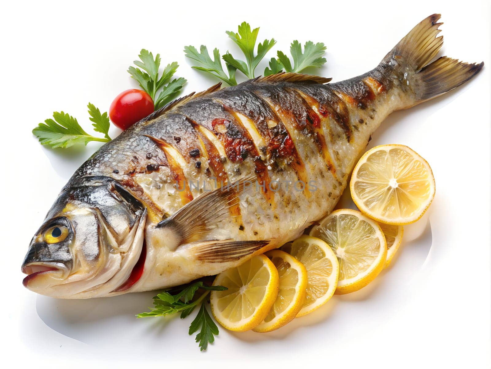 Grilled fish with lemon isolated on white background, top view. Ai generated image