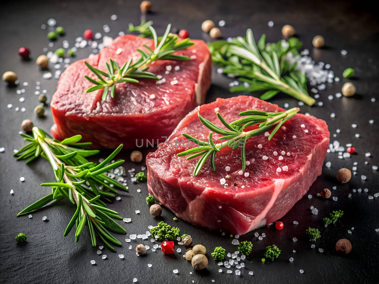 Fresh Raw Beef steak Mignon, with salt, peppercorns, rosemary on black background. Ai generated by alenamoore