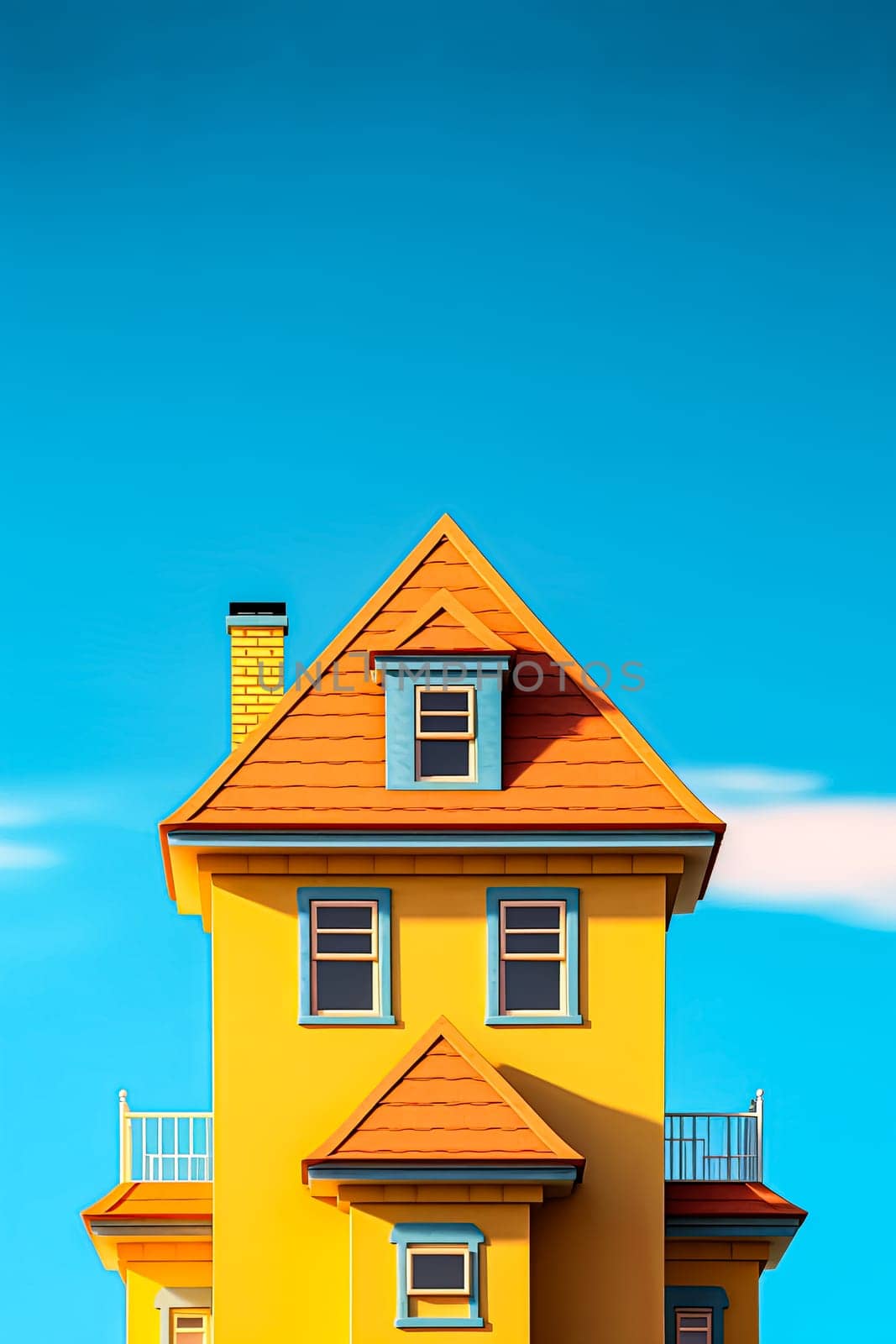 A yellow house with a blue roof and blue trim. The house is tall and has a chimney