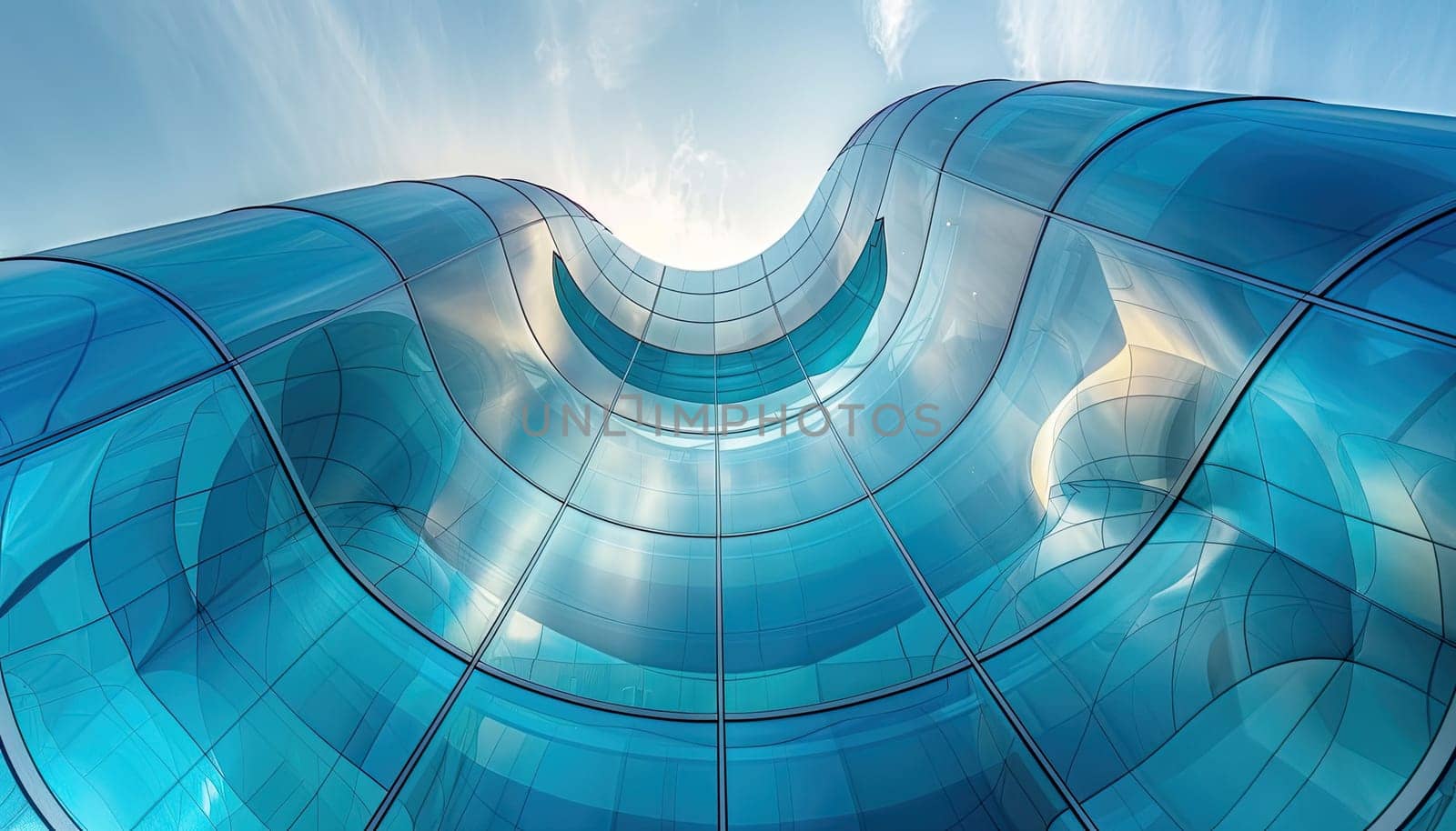 A blue building with a curved glass facade by AI generated image.
