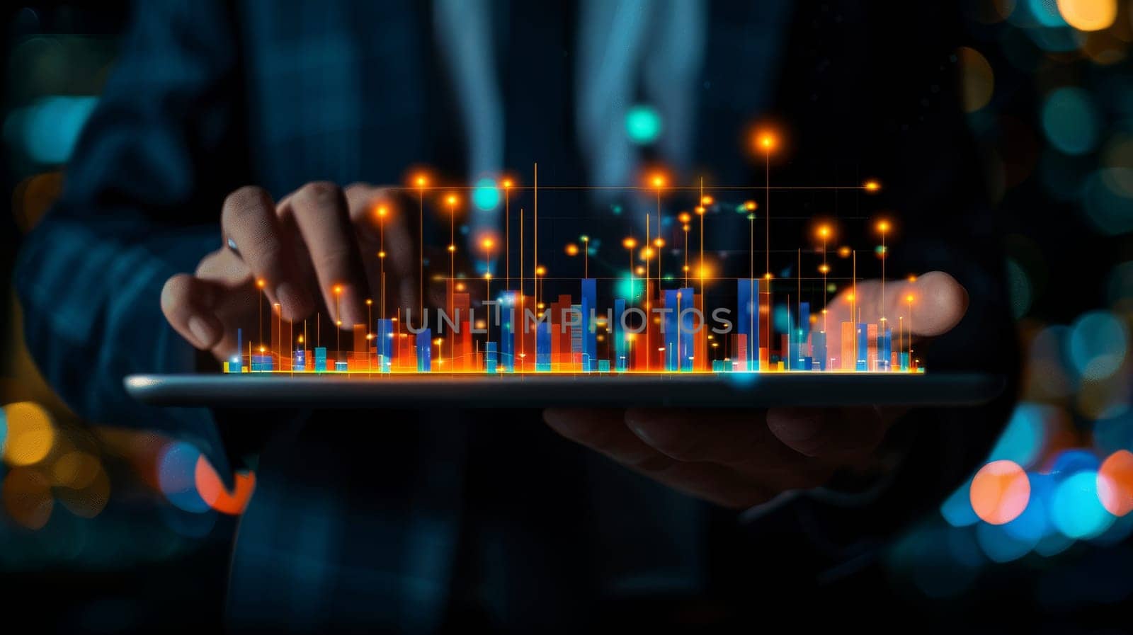 Close up hand of businesspeople using a digital tablet with financial chart.