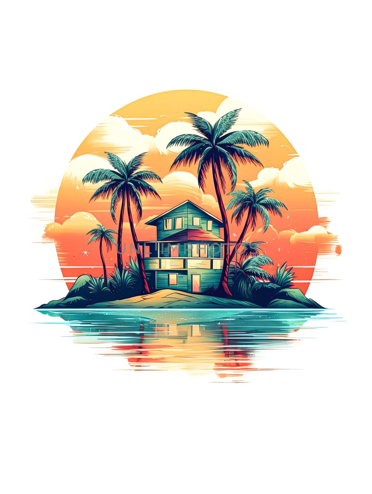 A house is on a small island in the ocean. The house is surrounded by palm trees. The sky is orange and the water is blue