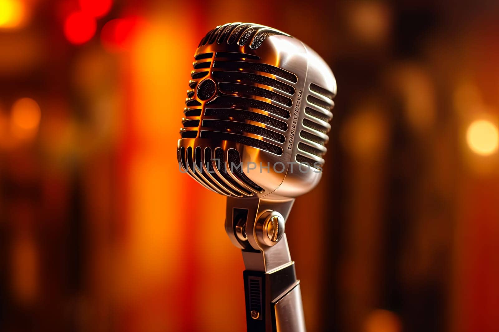 A microphone is on a table in a dimly lit room. The microphone is silver and has a black cord