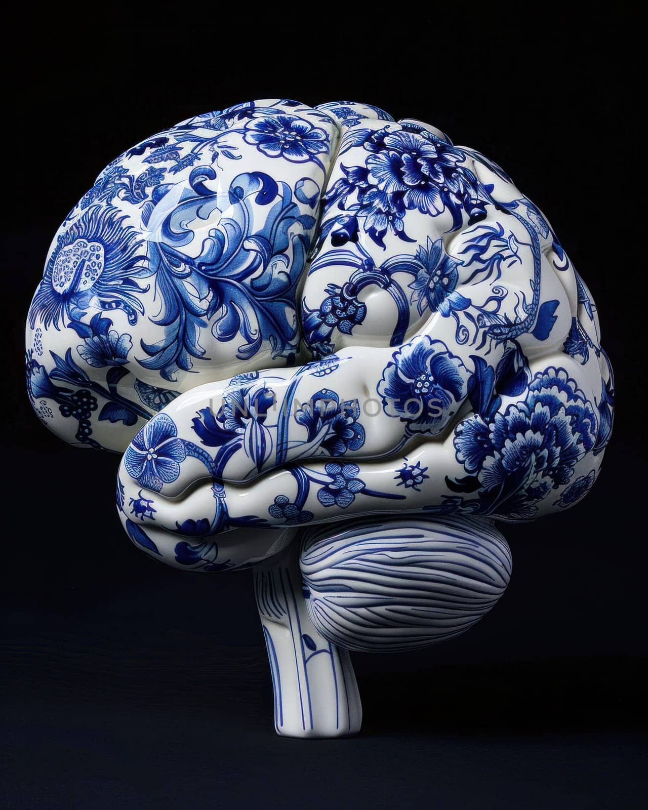 Human brain sculpture in blue and white porcelain on black background for medical and art concept