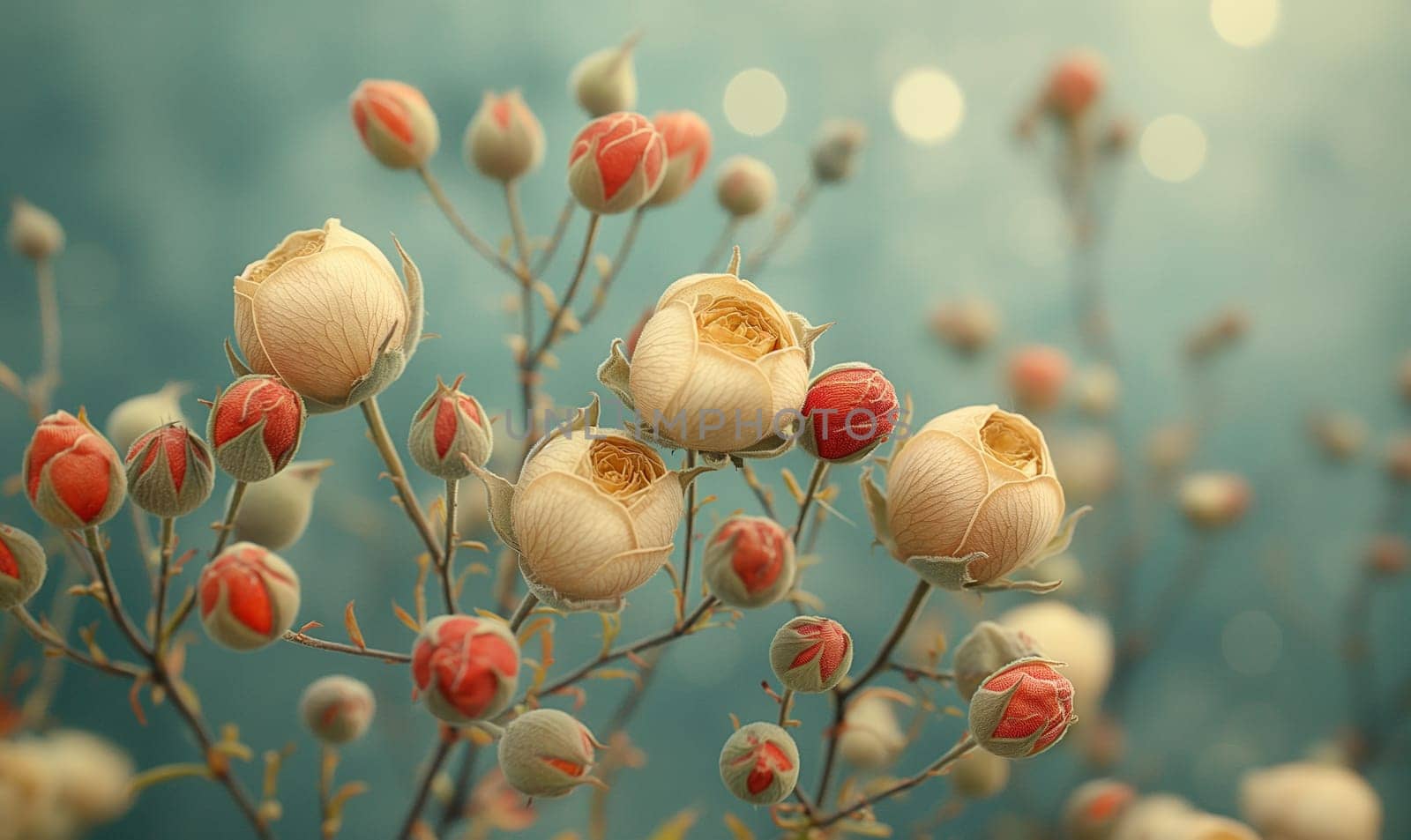 Branch with flowers on a blue background. Selective focus.