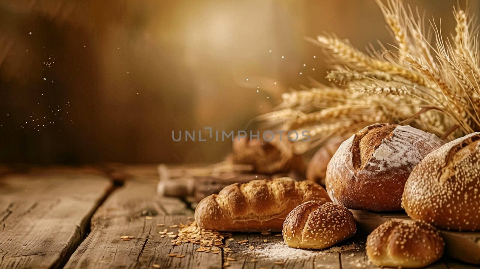 Bakery with baked bread, variety of bread loaves, rolls, and baguettes displayed in baskets and on wooden shelves in the English countryside village by Anneleven