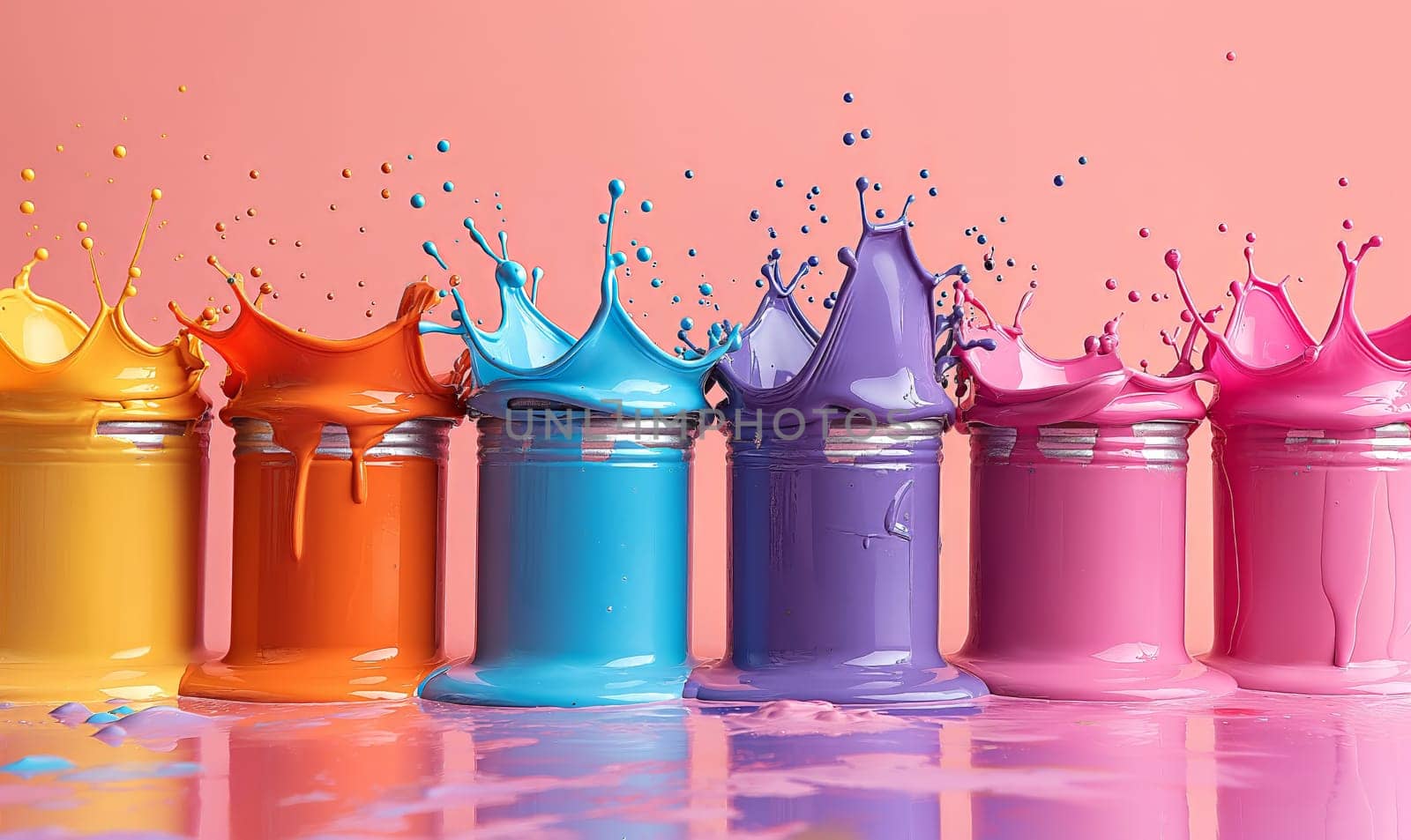 A row of vibrant colored paint splashing and mixing. by Fischeron