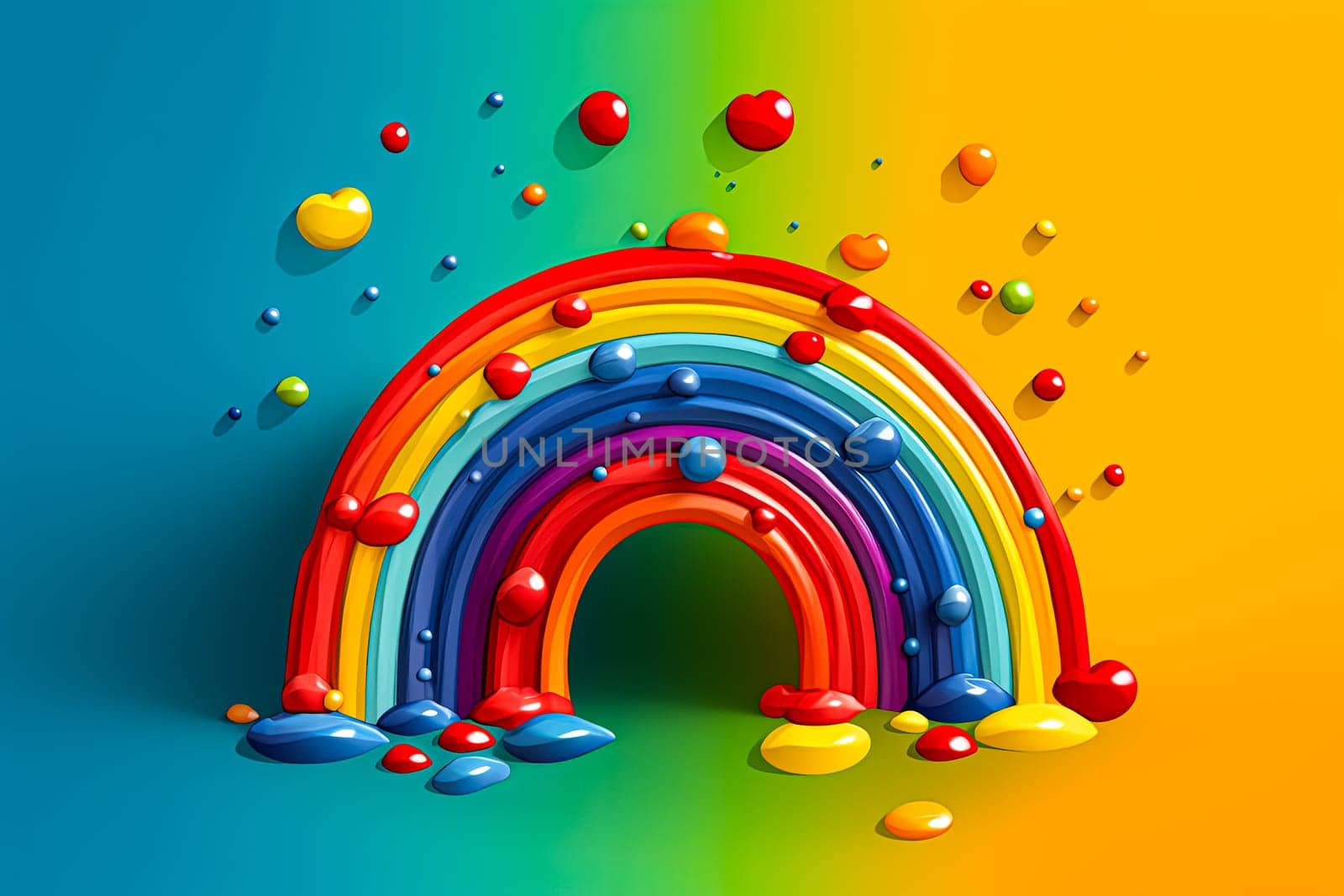 A rainbow with drops of water on it. The drops are of different colors, creating a vibrant and lively atmosphere