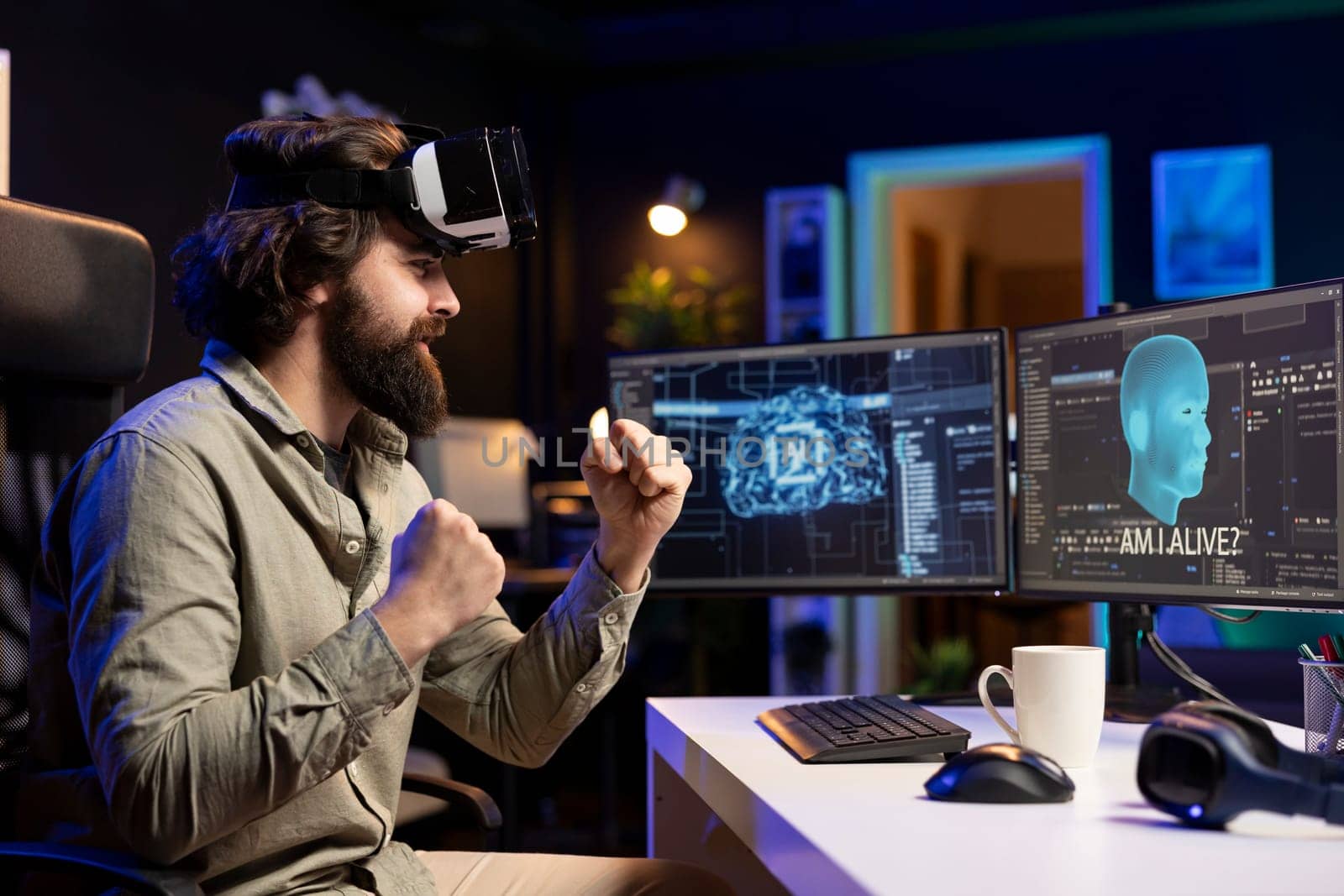 Computer engineer using VR headset, celebrating after awakening sentient AI asking existential questions. Cheerful programmer using virtual reality technology to interact with artificial intelligence