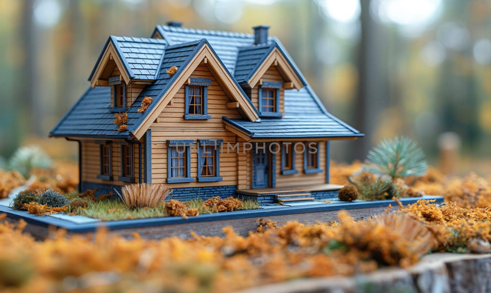 A cozy house against the backdrop of a natural landscape. Selective soft focus.