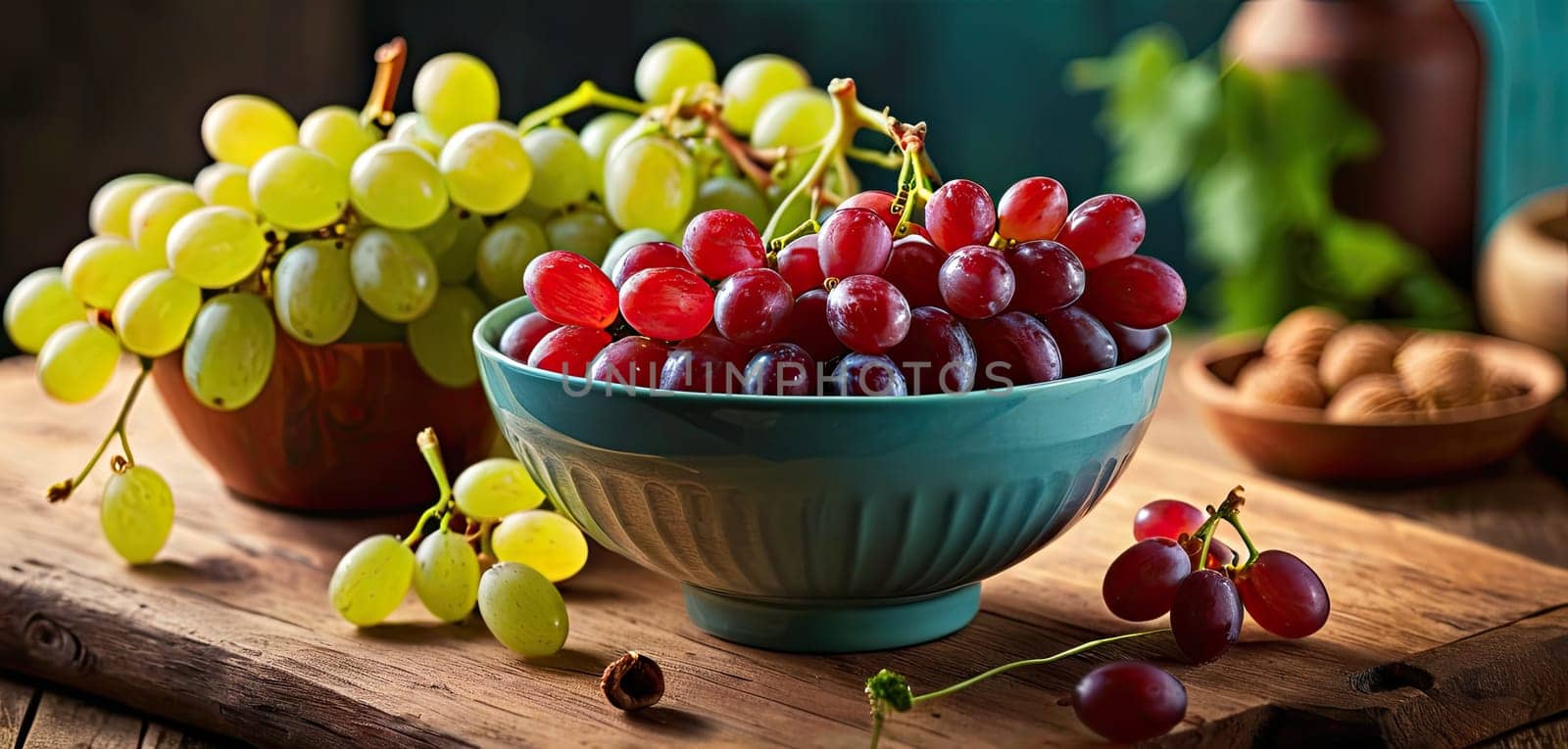 Grapes in bowl on wooden table