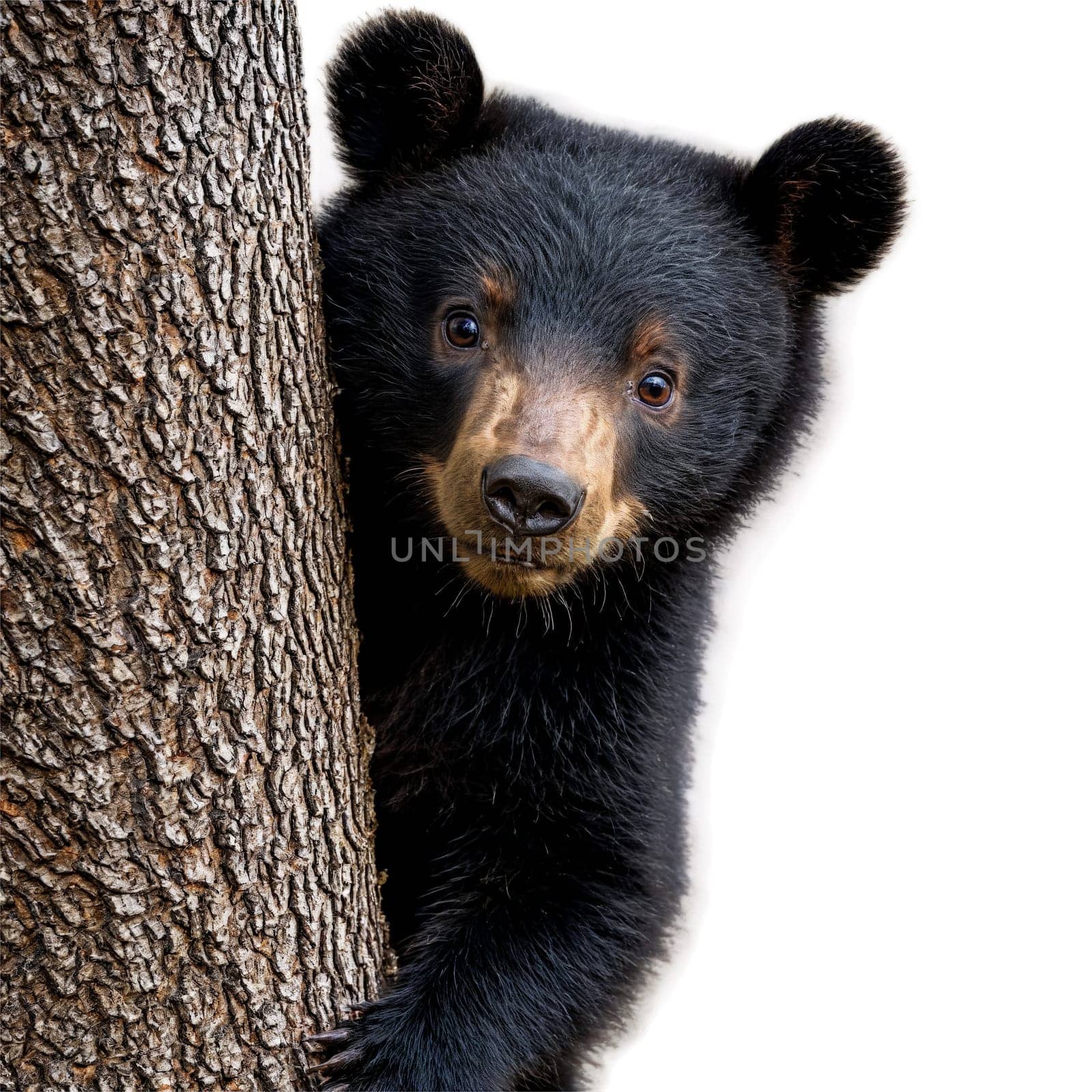 Animal isolated on transparent background. Adorable black bear Ursus americanus cub climbing tree fluffy black fur curious expression Animal photography.