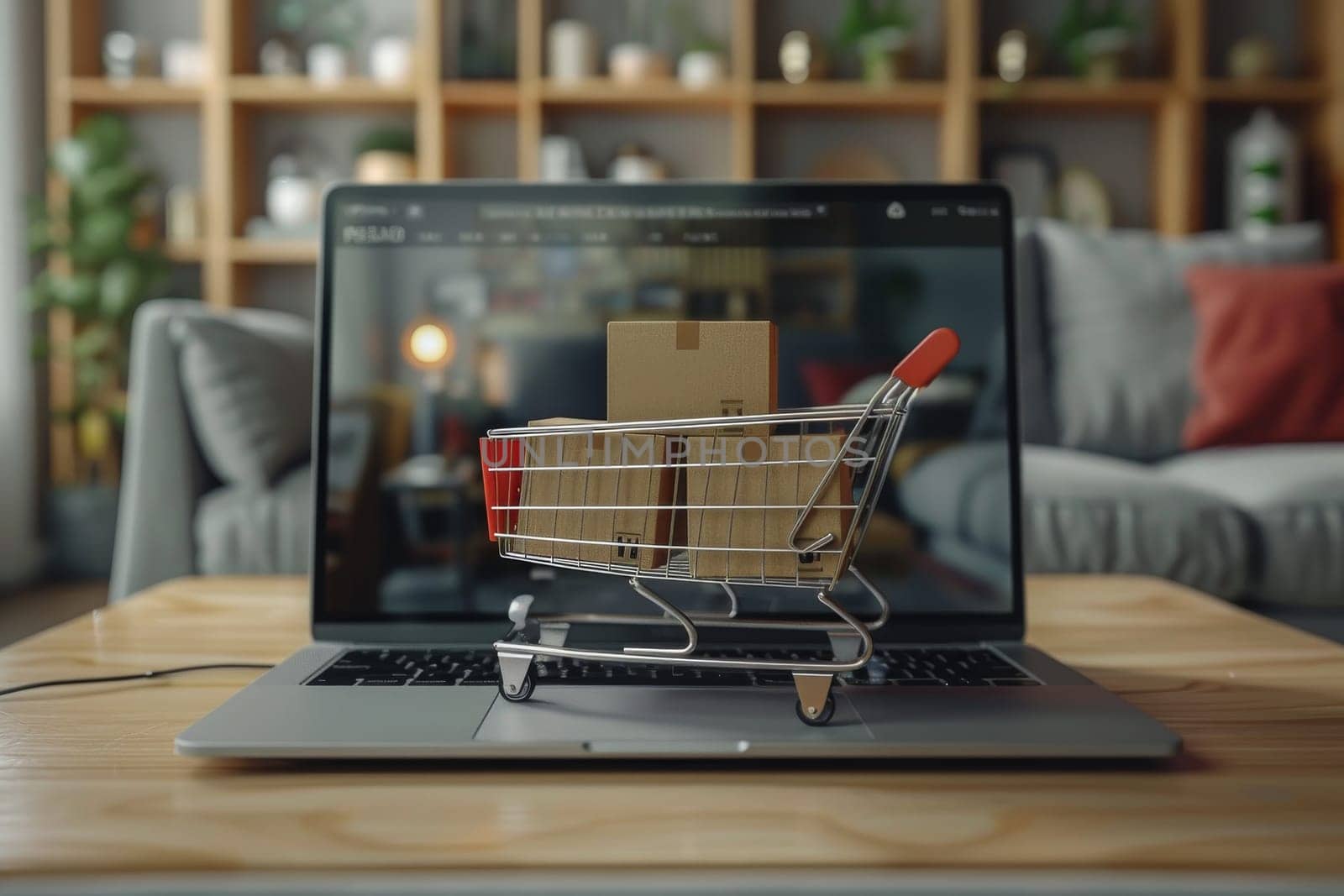 A laptop screen shows a shopping cart with boxes on it. The cart is on a wooden table in a living room