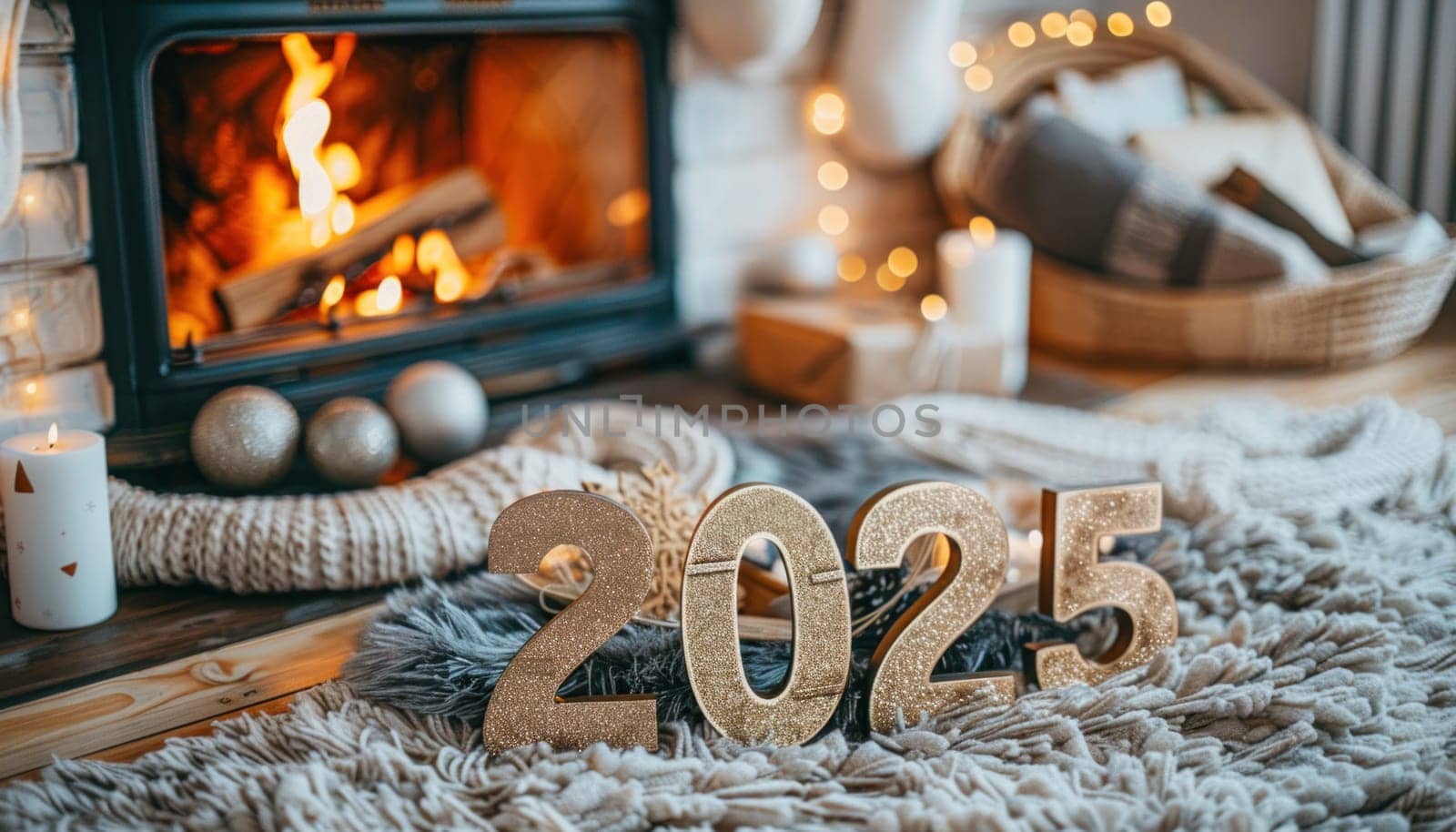 The numbers 2025 displayed near a fireplace add coziness and warmth to the room, creating a pleasant atmosphere