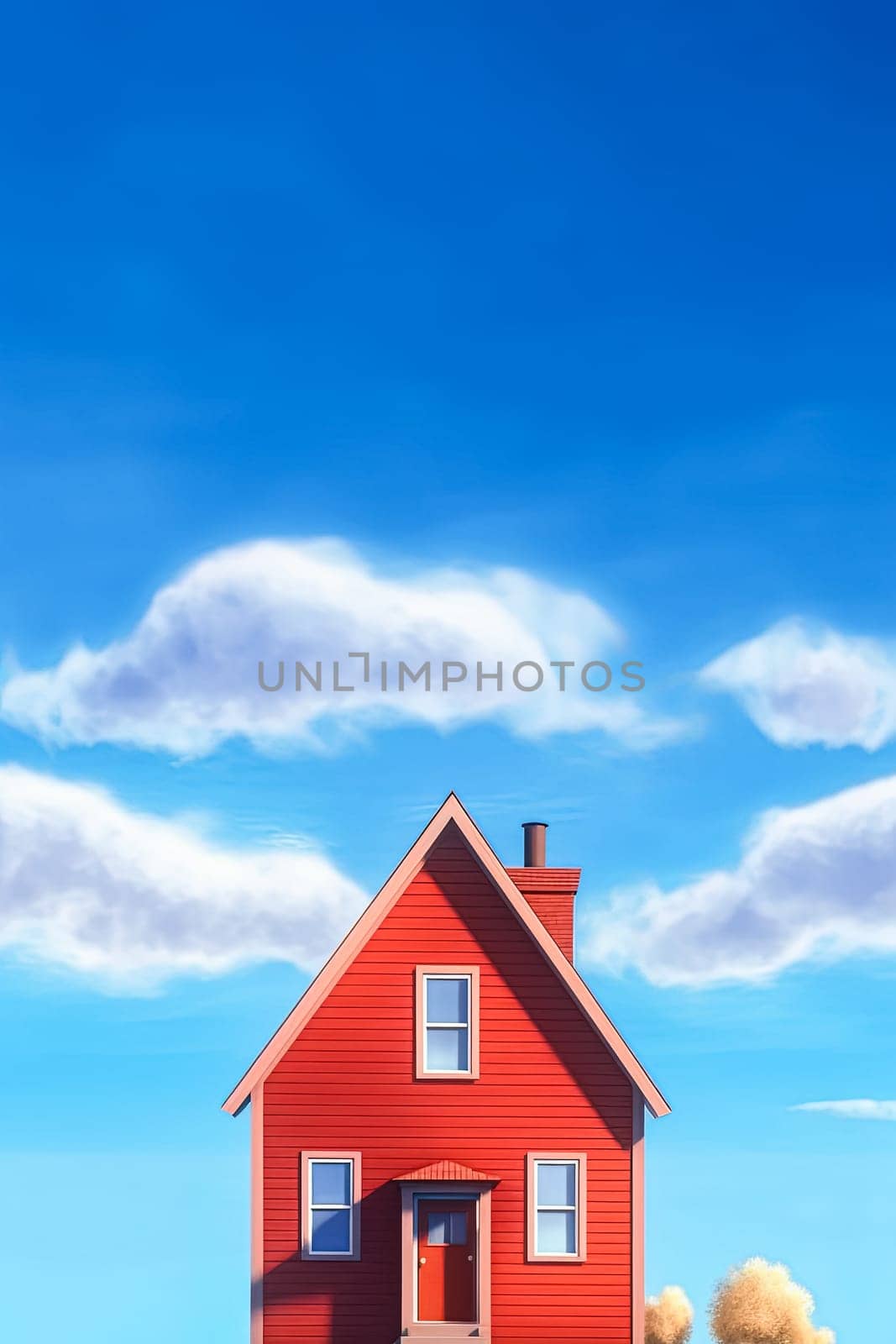 A small red house with a white trim sits in front of a blue sky. The house is the only building in the scene, and it is a single-story structure