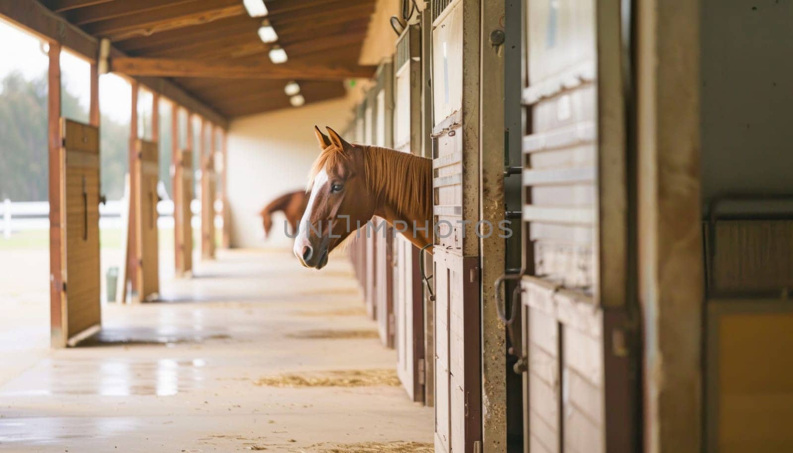 A curious horse peers through the stable door, observing the surroundings outside as it stands in the stable