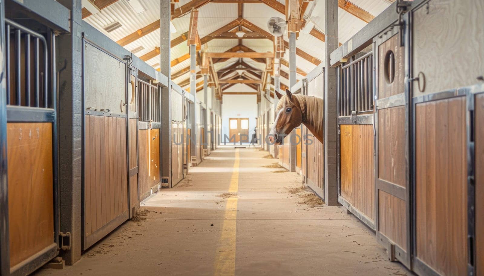A horse is positioned among a row of wooden stables, creating a symmetrical pattern within the urban setting