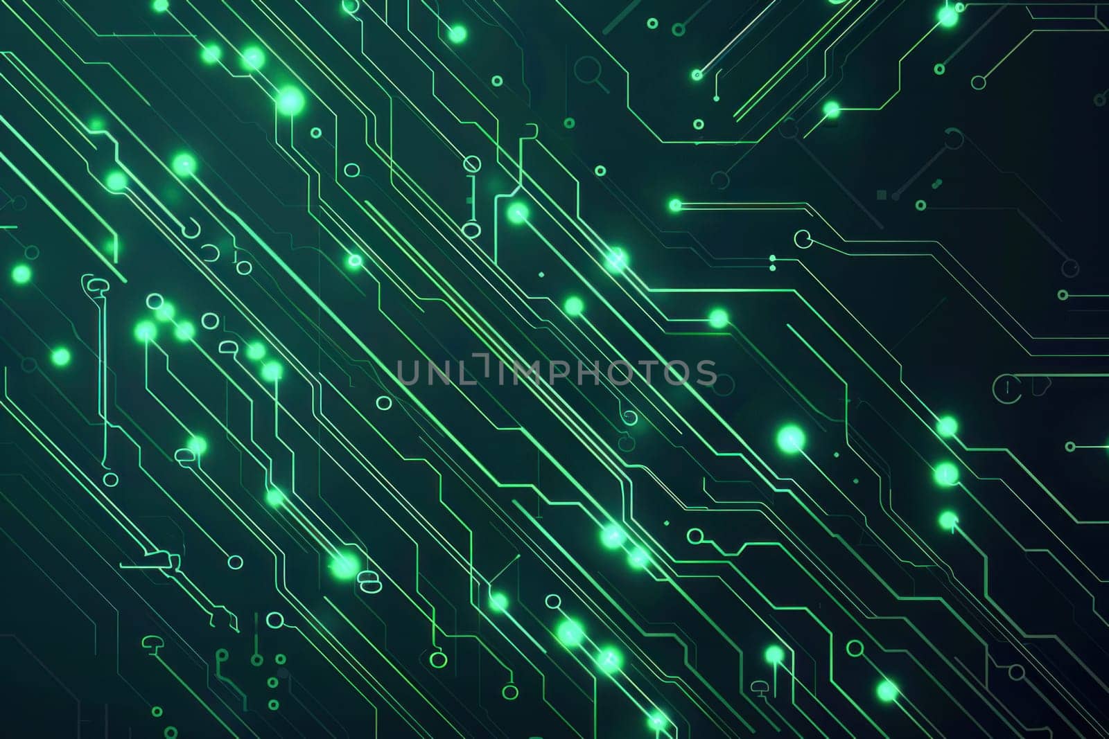 A close up of a green circuit board on a dark background, showcasing advanced technology and engineering