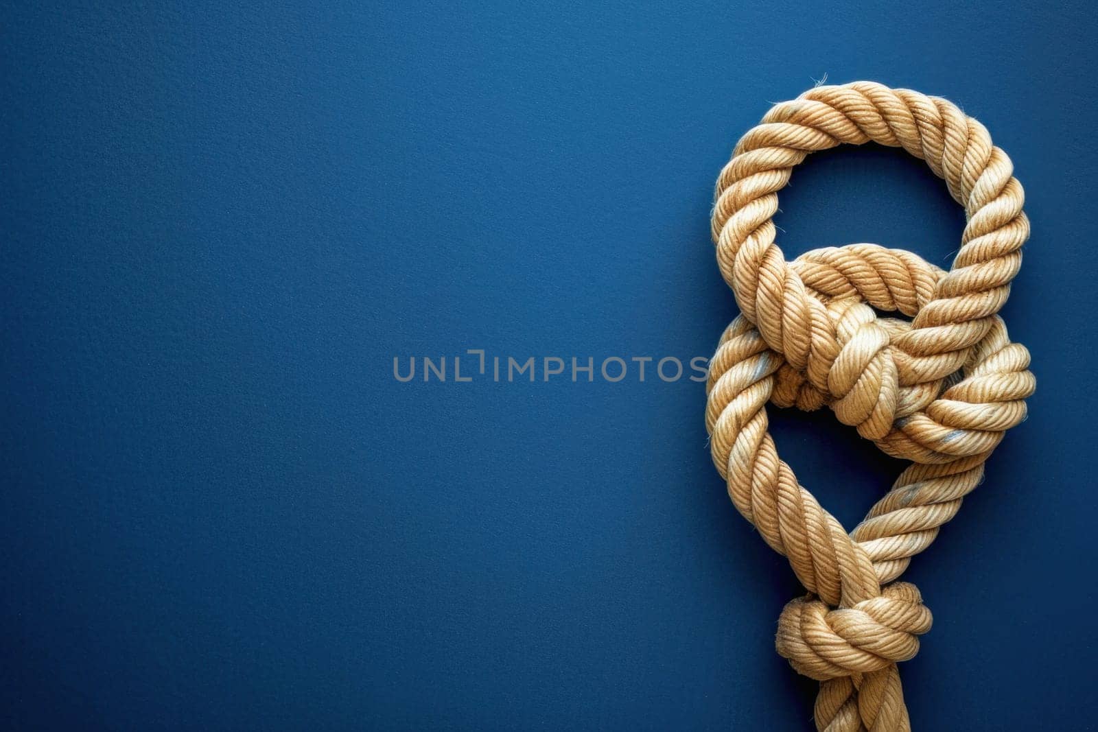 A close up image of a knotted rope on a blue backdrop, representing a stylish accessory or a special occasion