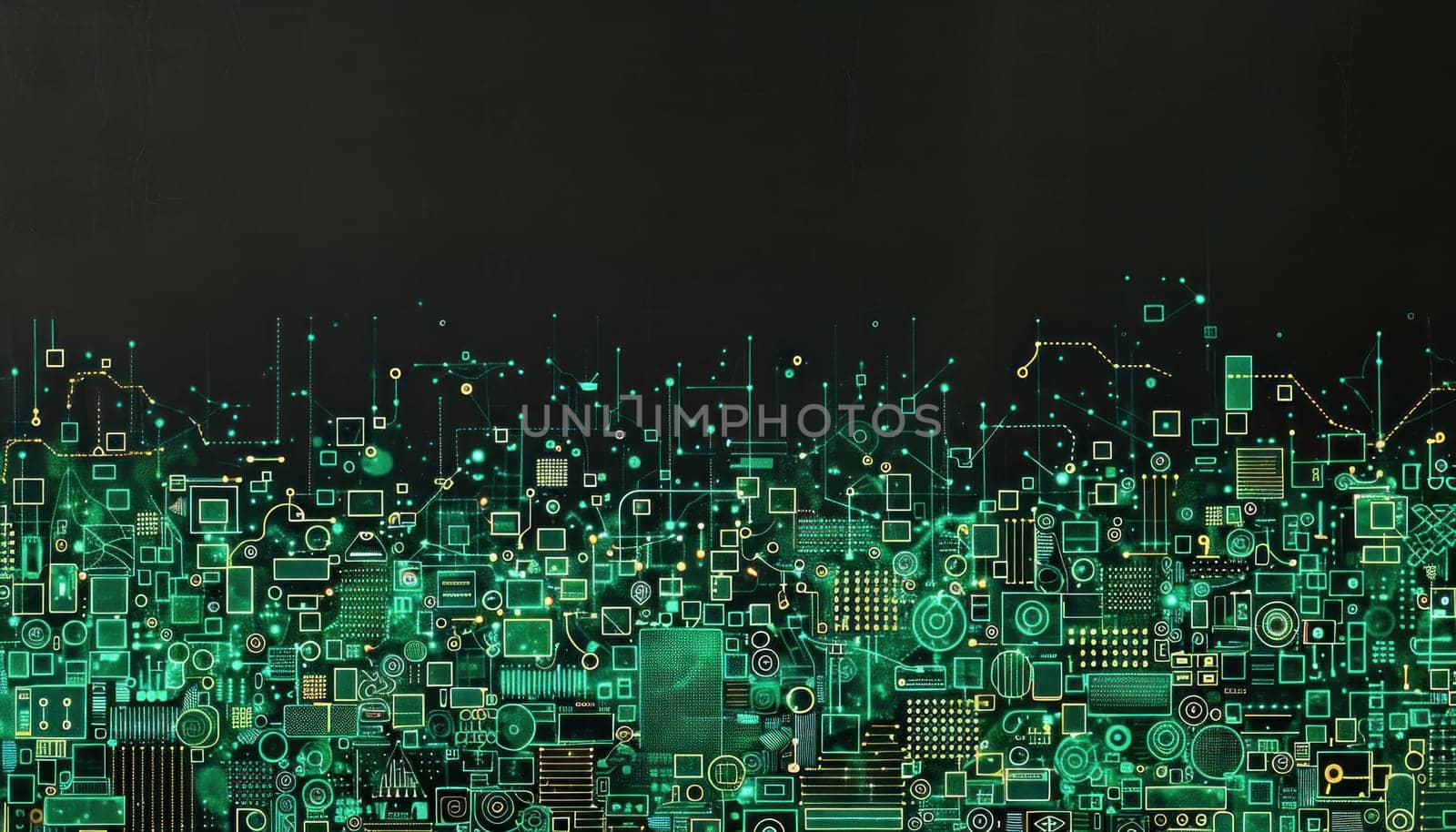 Computer generated image of green circuit board on dark background, reminiscent of a cityscape at night