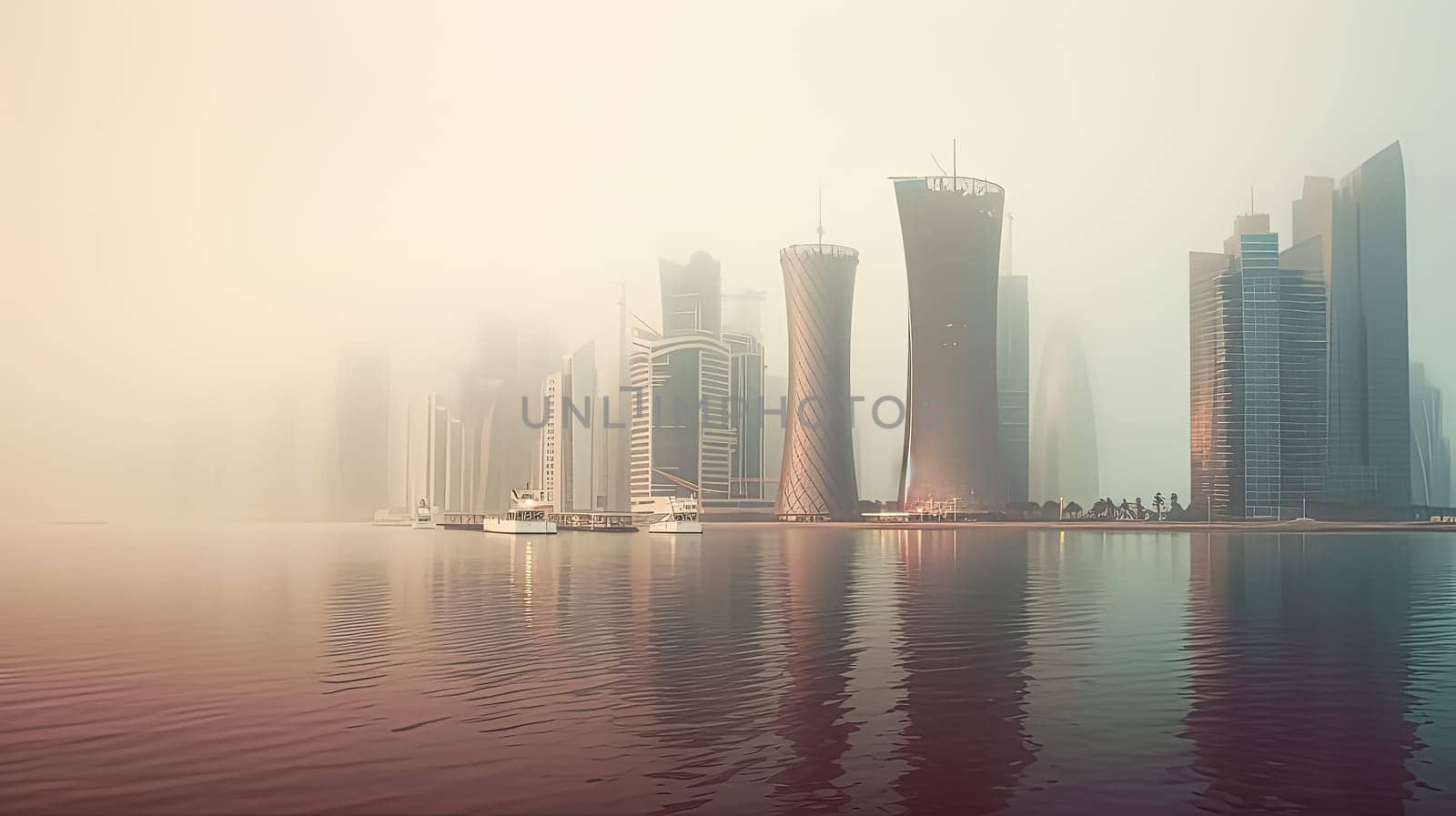 A city skyline with a large body of water in the background. The water is calm and the sky is overcast