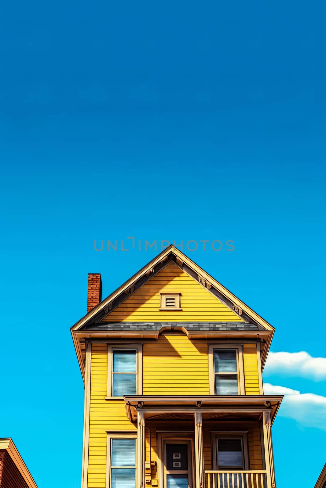 A yellow house with a blue roof and blue trim. by Alla_Morozova93