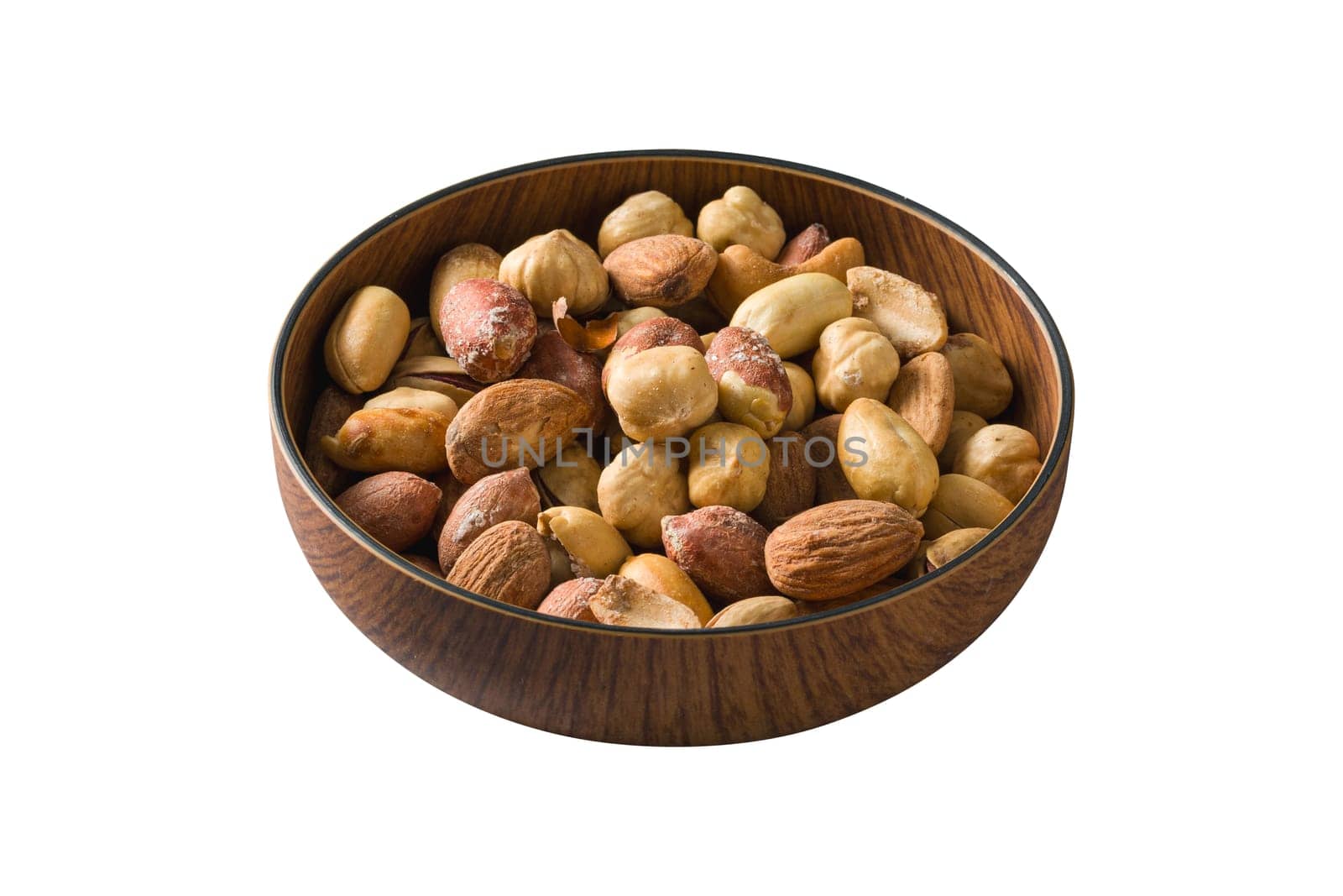 Roasted mixed nuts in wooden bowl on isolated white background