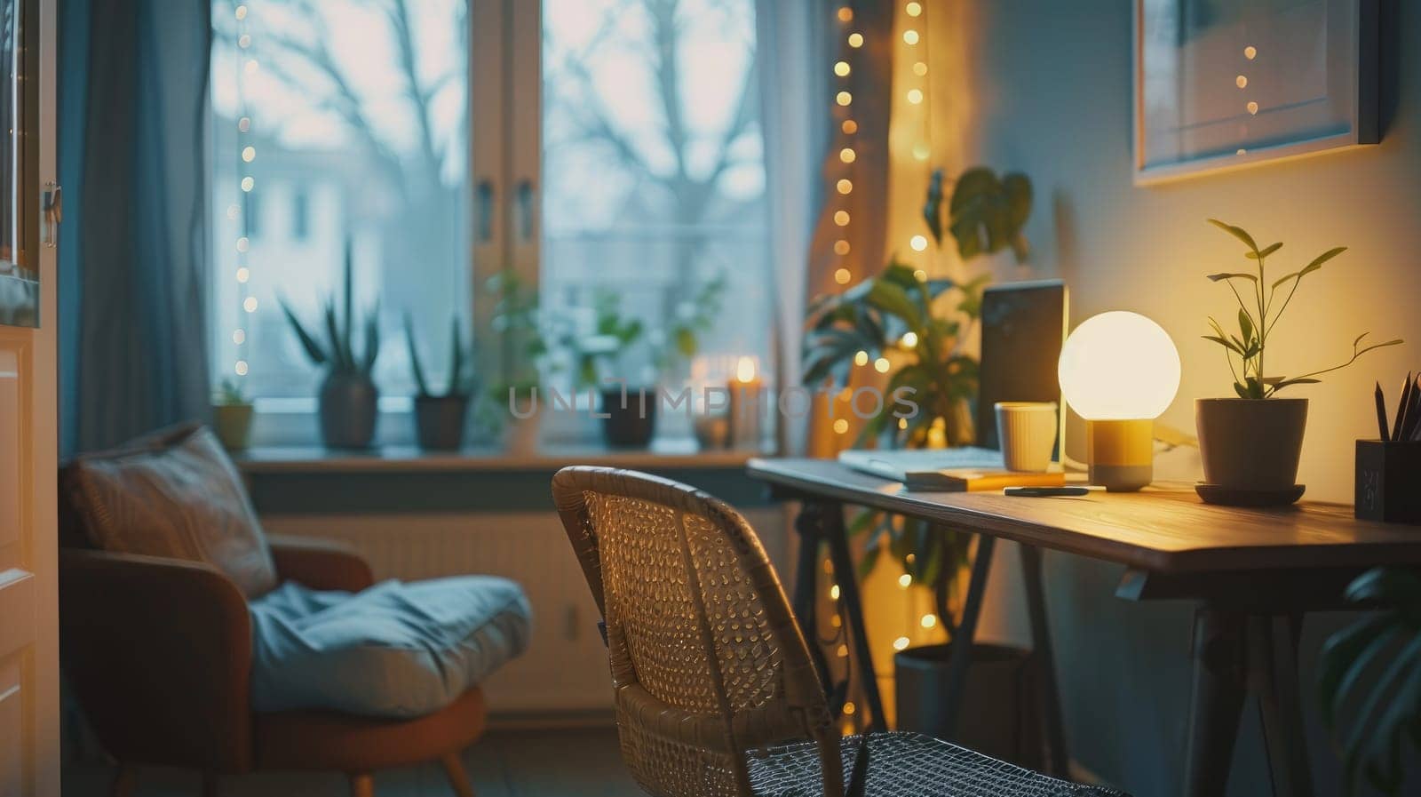 A home office with minimalist decor, showcasing a calm environment with a few essential items and soft bokeh lights.