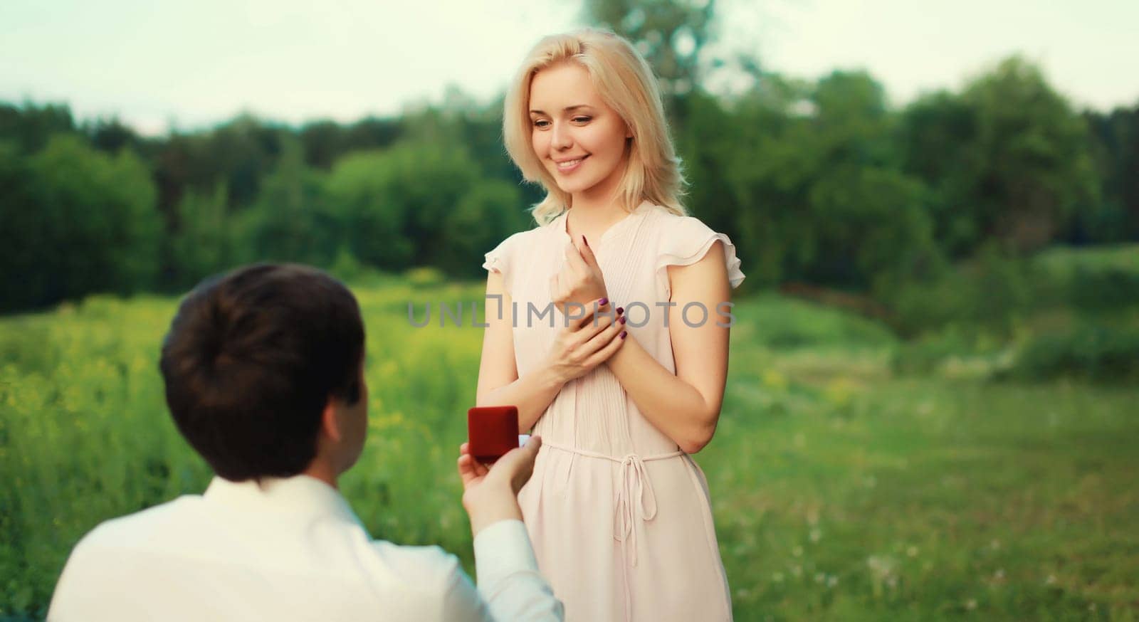 Wedding happy lovely young couple, man proposing a ring to his beloved woman outdoors in summer park by Rohappy