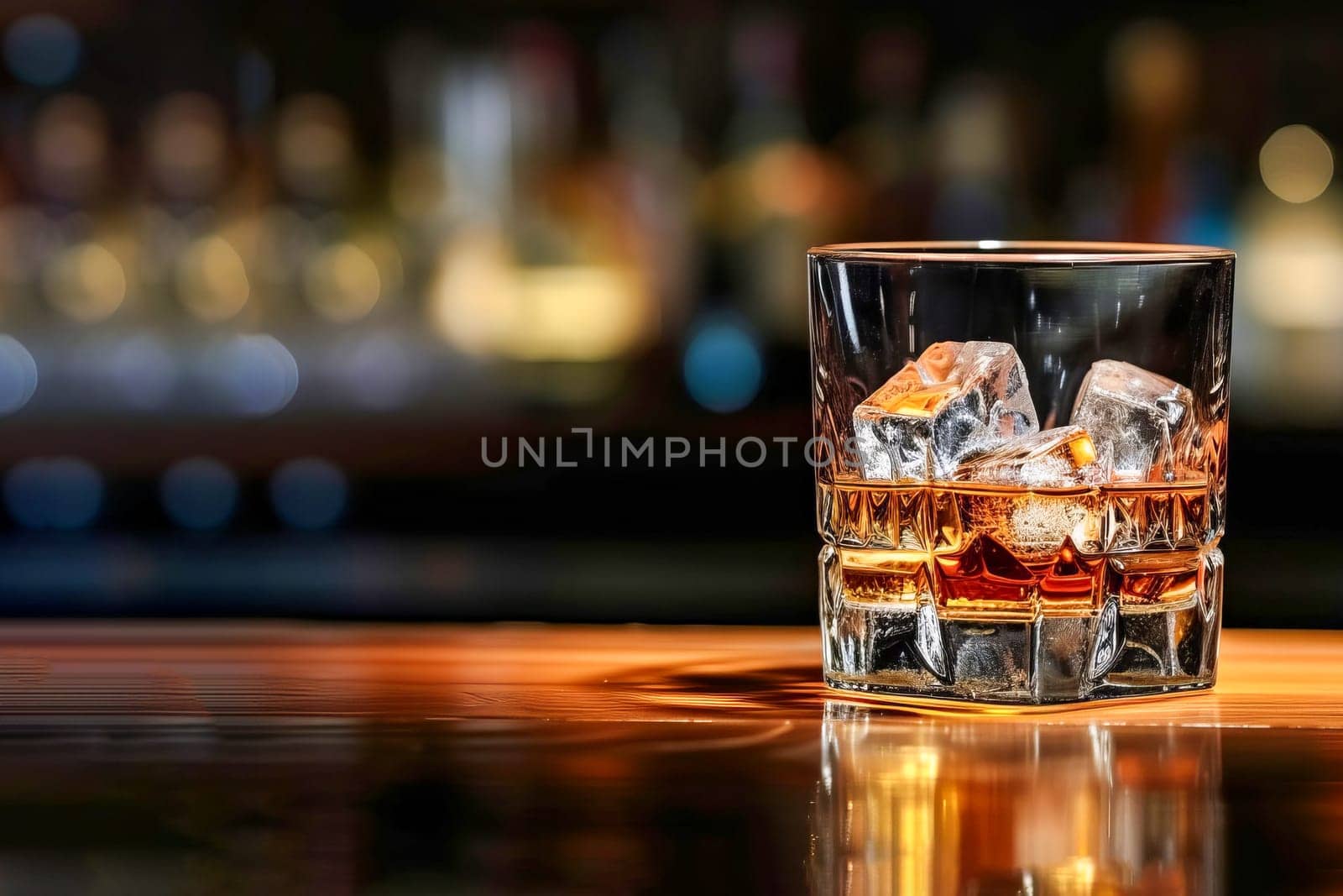 Close-up of a glass of whiskey with ice on a bar counter. AI generated.