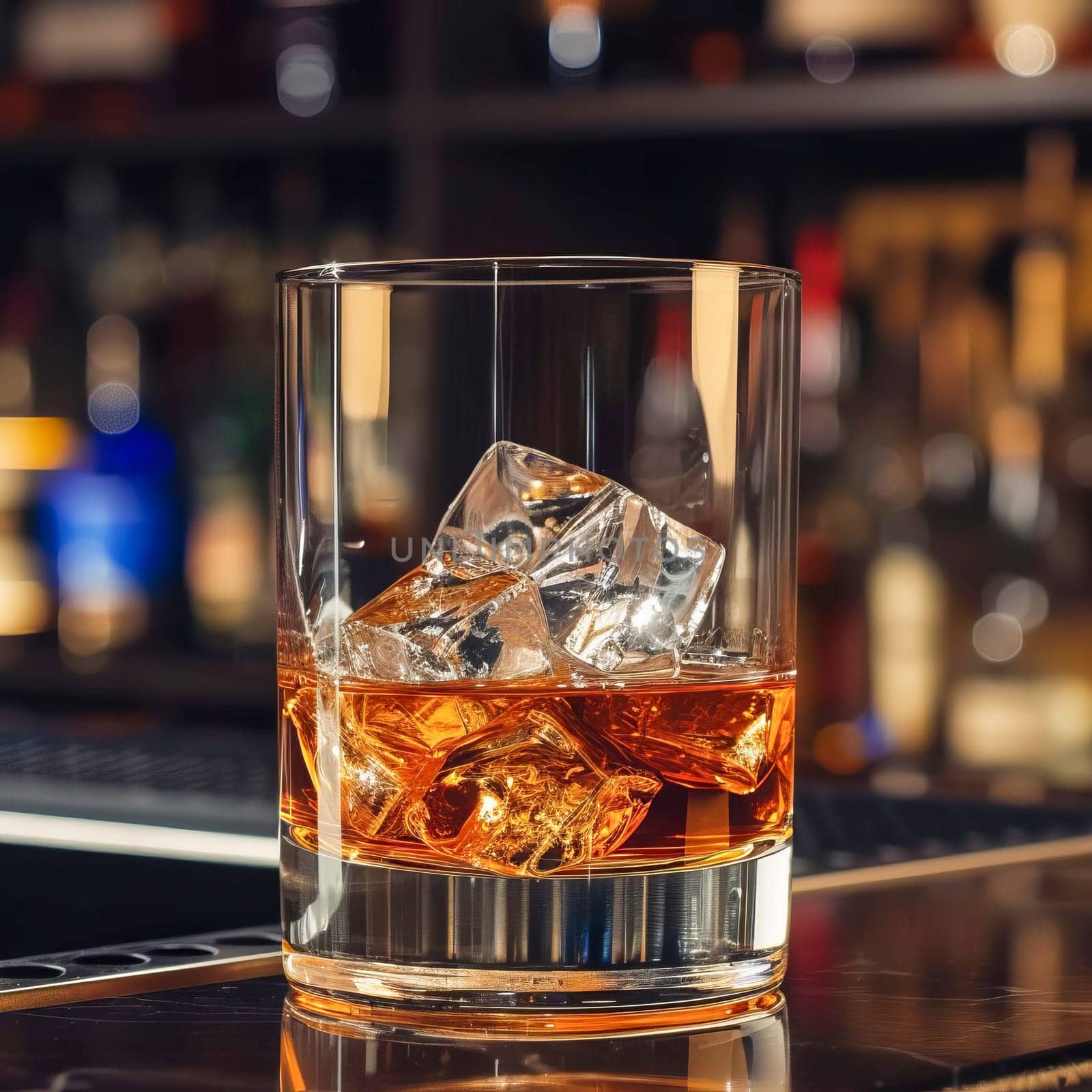 Close-up of a glass of whiskey with ice on a bar counter. AI generated.