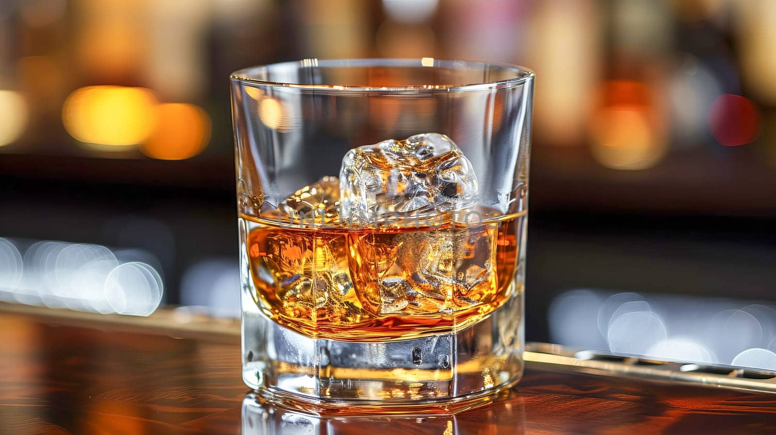 Close-up of a glass of whiskey with ice on a bar counter. AI generated.