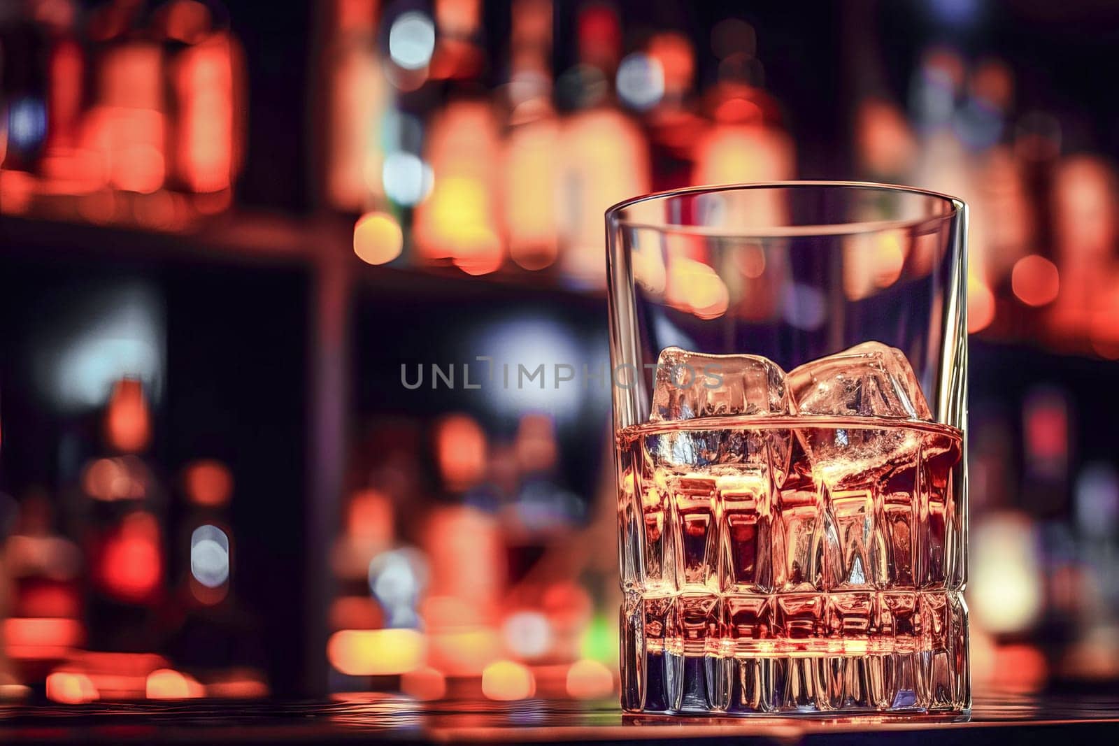 Close-up of a glass of whiskey with ice on a bar counter. AI generated.