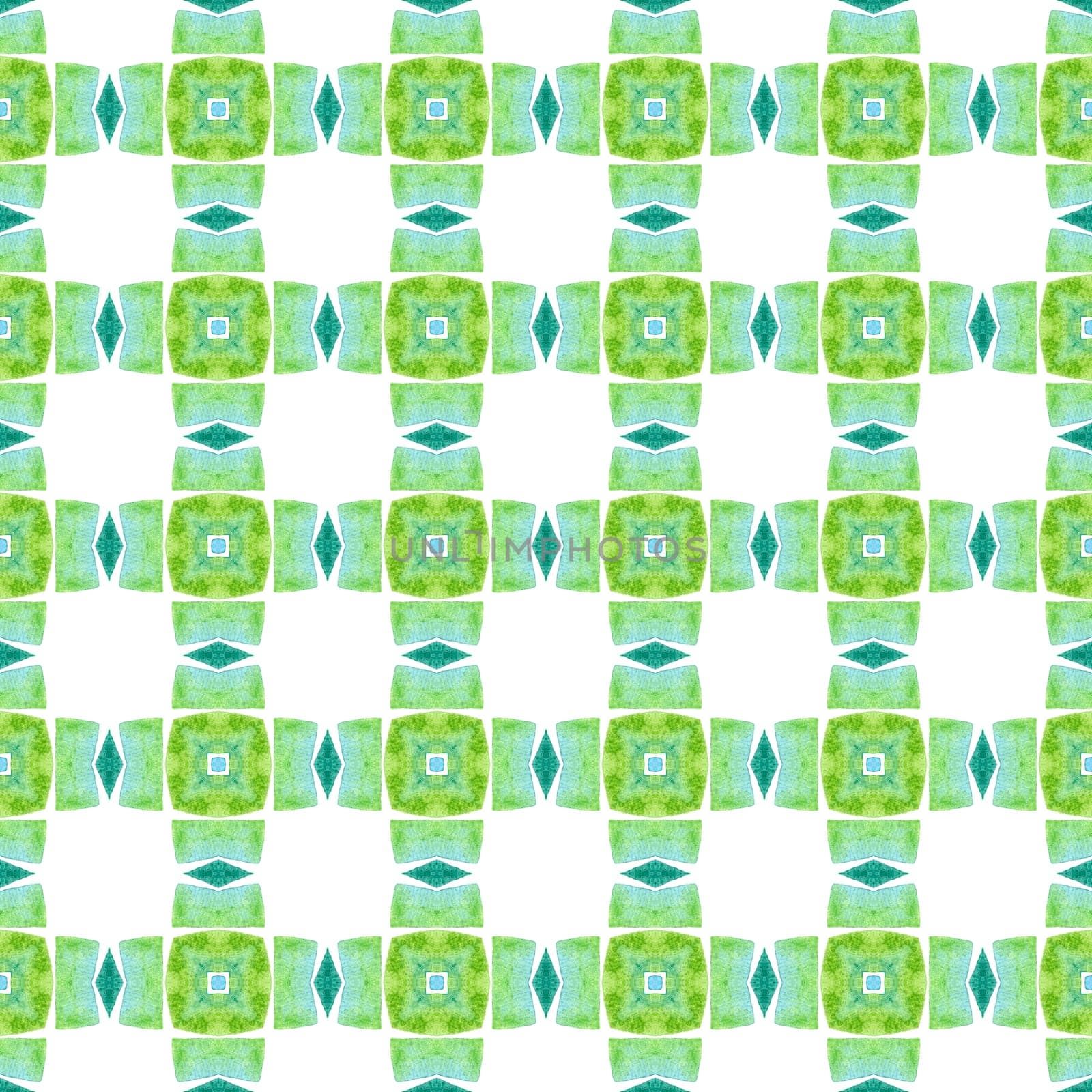 Ikat repeating swimwear design. Green dazzling boho chic summer design. Textile ready gorgeous print, swimwear fabric, wallpaper, wrapping. Watercolor ikat repeating tile border.