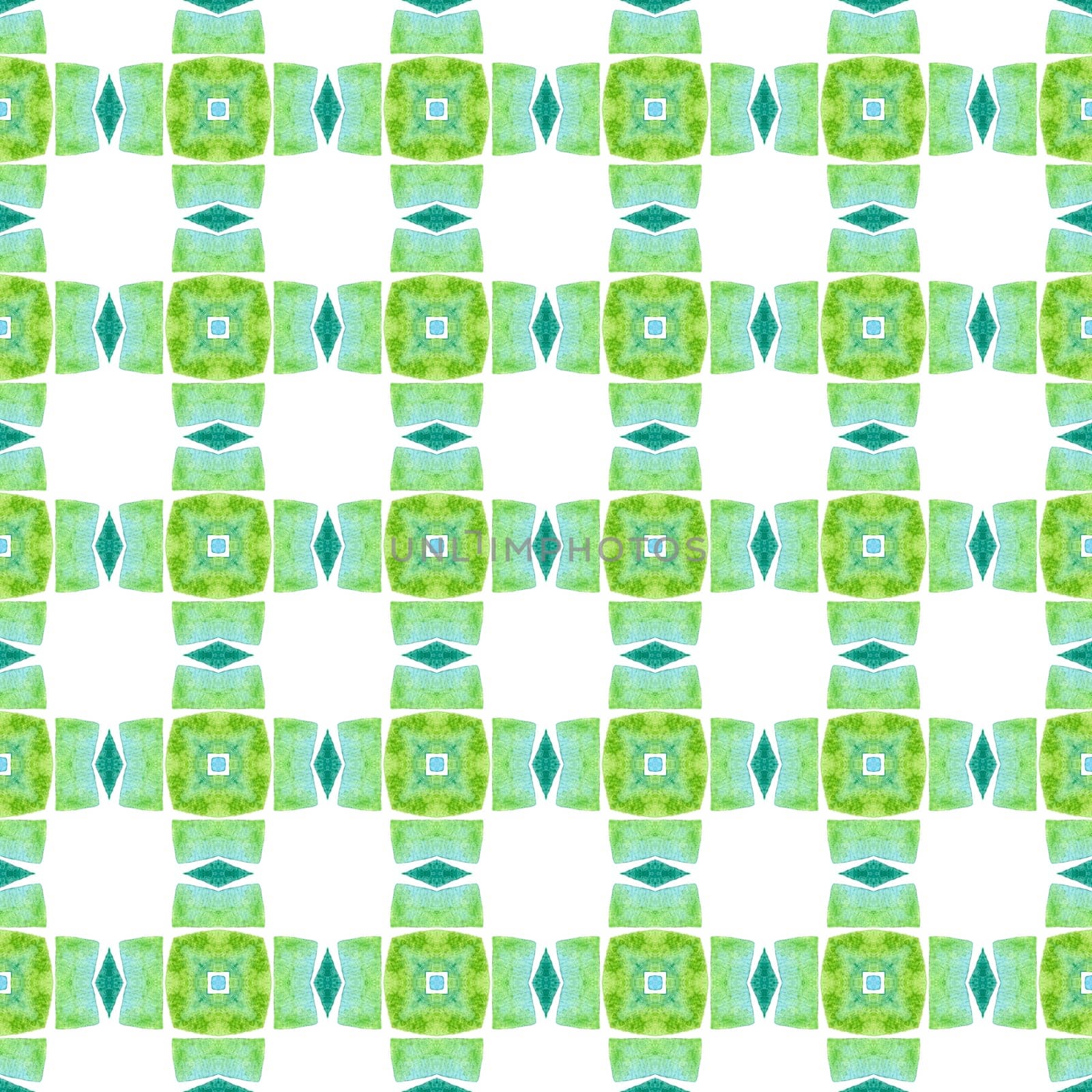 Ikat repeating swimwear design. Green dazzling boho chic summer design. Textile ready gorgeous print, swimwear fabric, wallpaper, wrapping. Watercolor ikat repeating tile border.