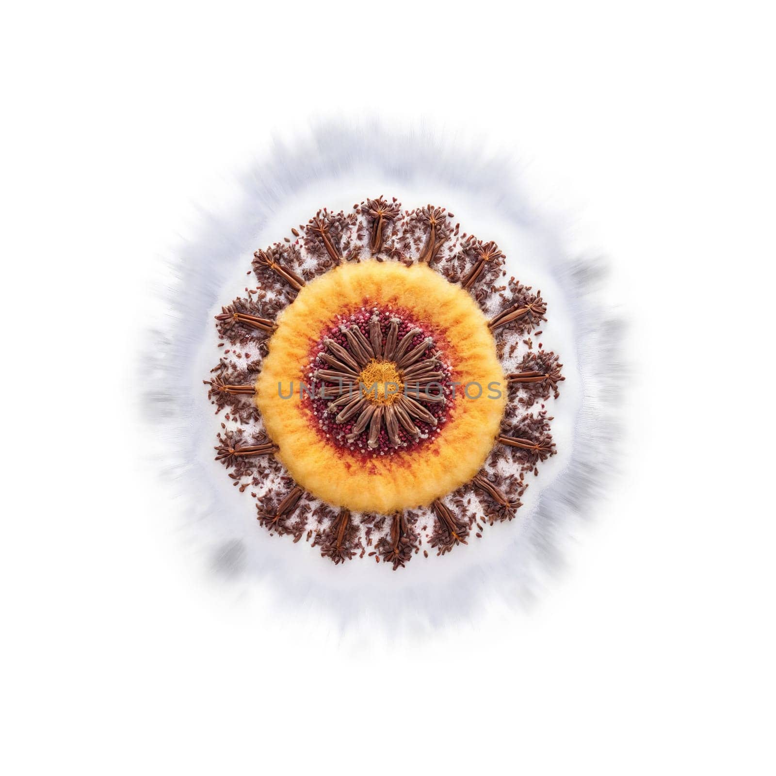 Clove mandala a pungent mandala of cloves with powder dusting and steam rising. Food isolated on transparent background.