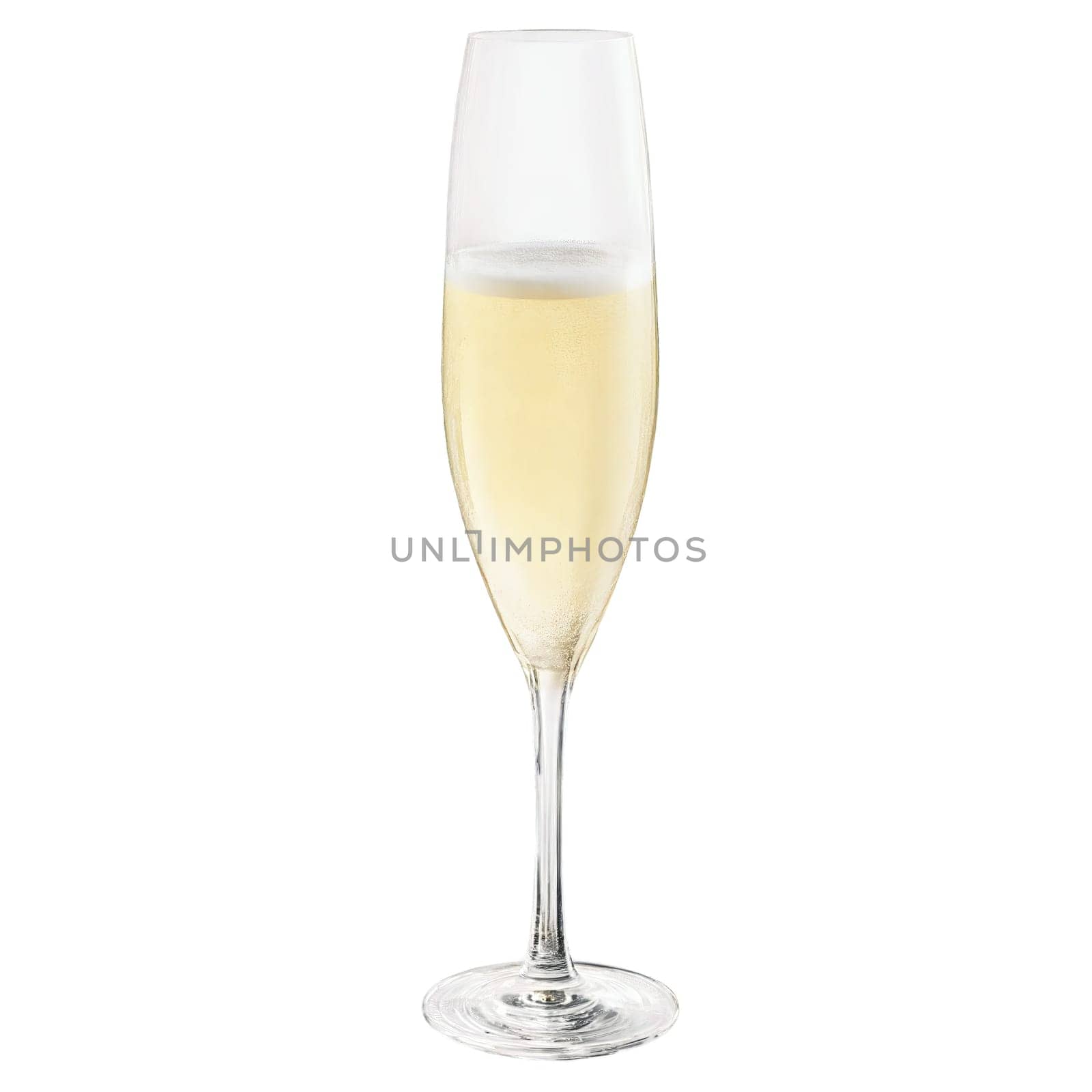 Rogaska Expert Champagne flute handmade crystal glass tall slender bowl pale champagne with rising bubbles. Close-up wine glass, isolated on transparent background