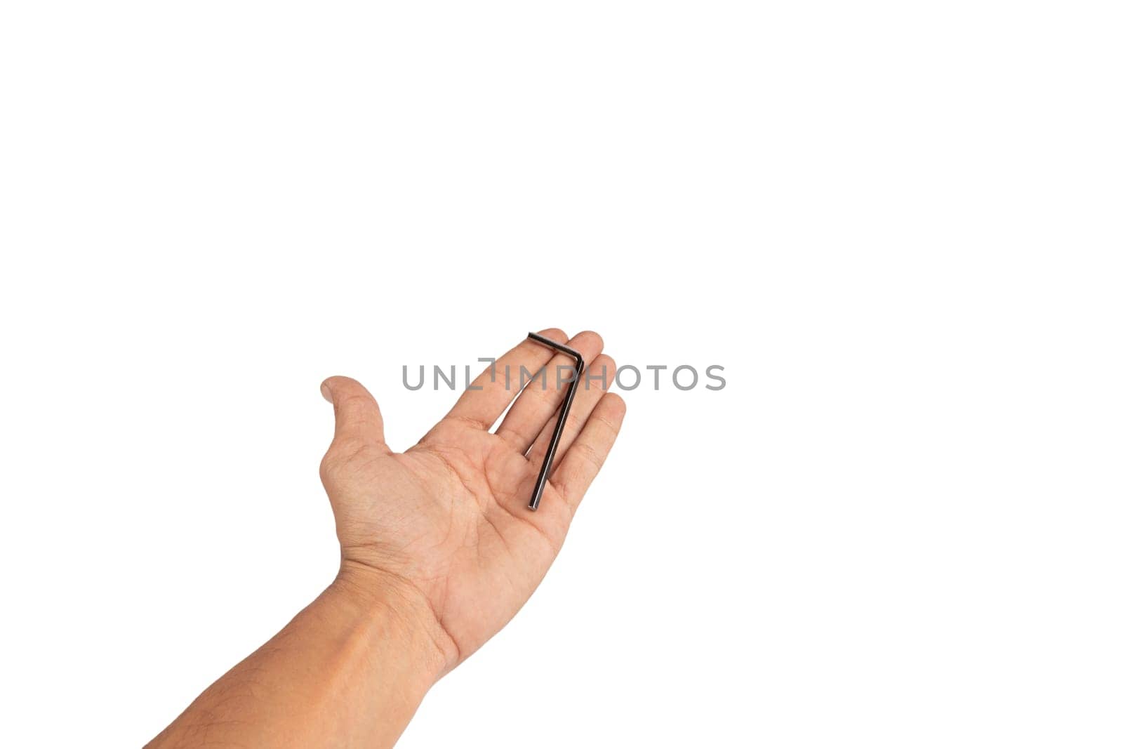 Black male hand holding an allen key isolated on white background, cutout. High quality photo