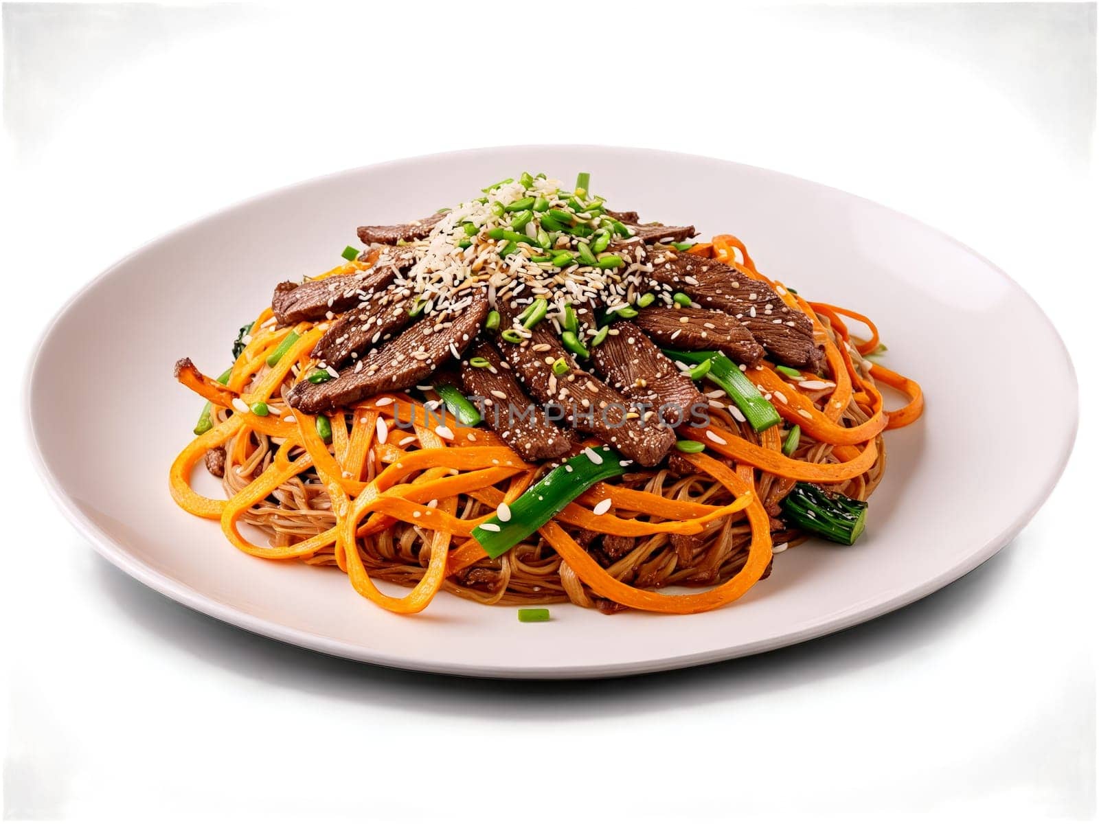 Japchae Sweet potato noodles stir fried with beef vegetables and savory soy sauce garnished. Food isolated on transparent background.