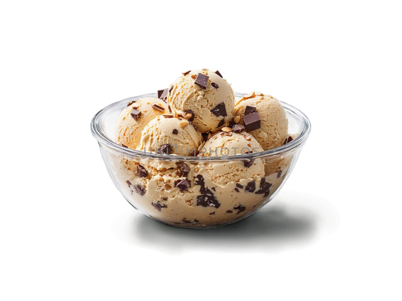 Ice cream toasted almond fudge scoops with chocolate chunks in a transparent glass bowl crunchy. Food isolated on transparent background.