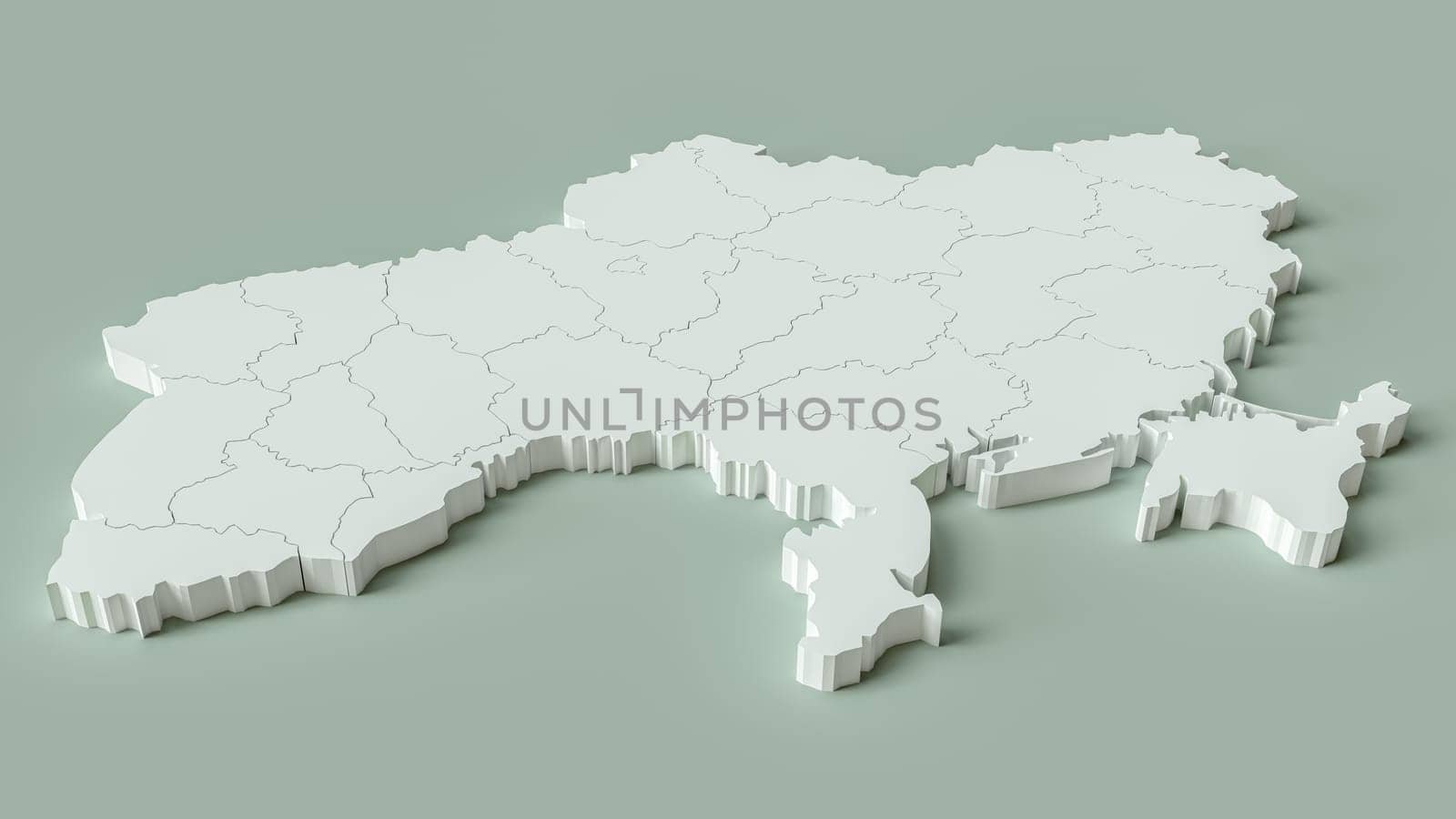 A 3D rendering of Ukraine showing its administrative regions against a light green background.