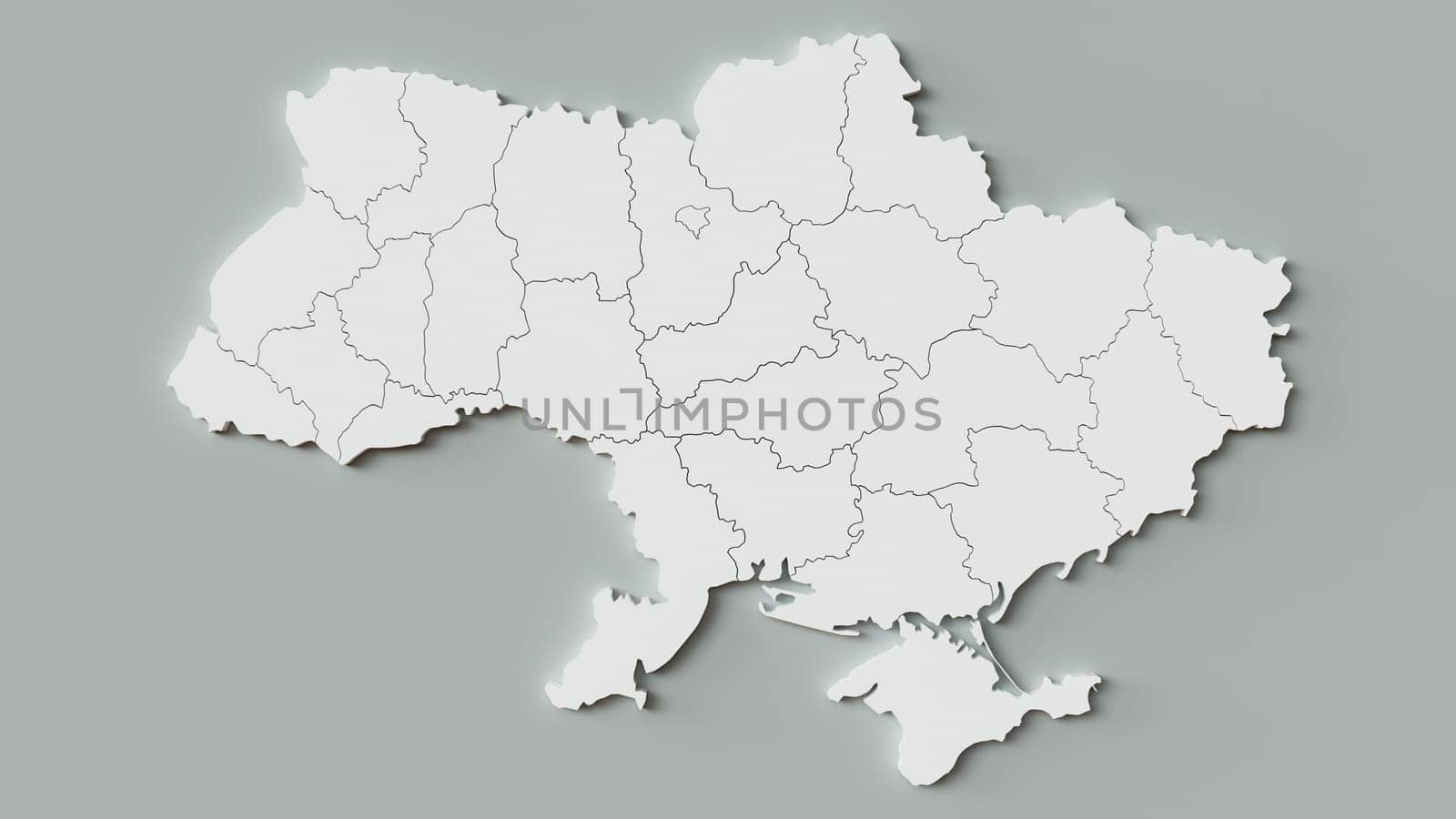 A 3D rendering of Ukraine showing its administrative regions. The background is plain to highlight the map.