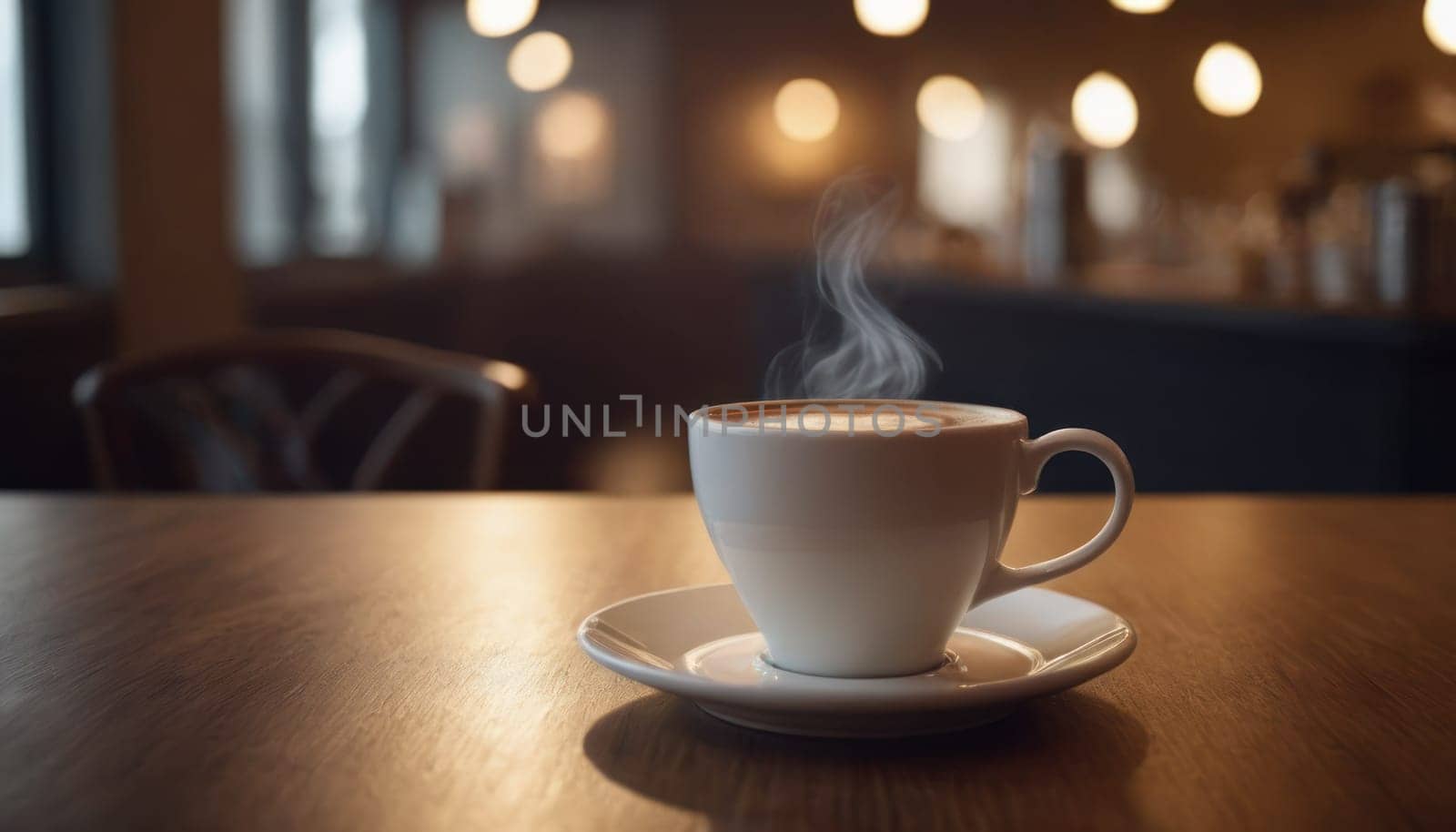 Cafe hot cup of coffee on a saucer on a dark background, casting a thin shadow. Bokeh in the background