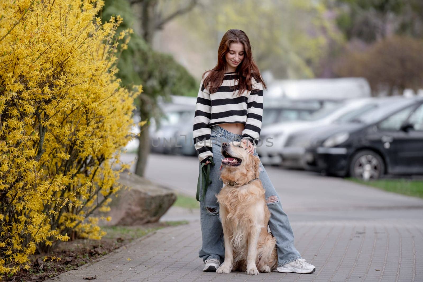 Teenage Girl With Golden Retriever In Park by tan4ikk1